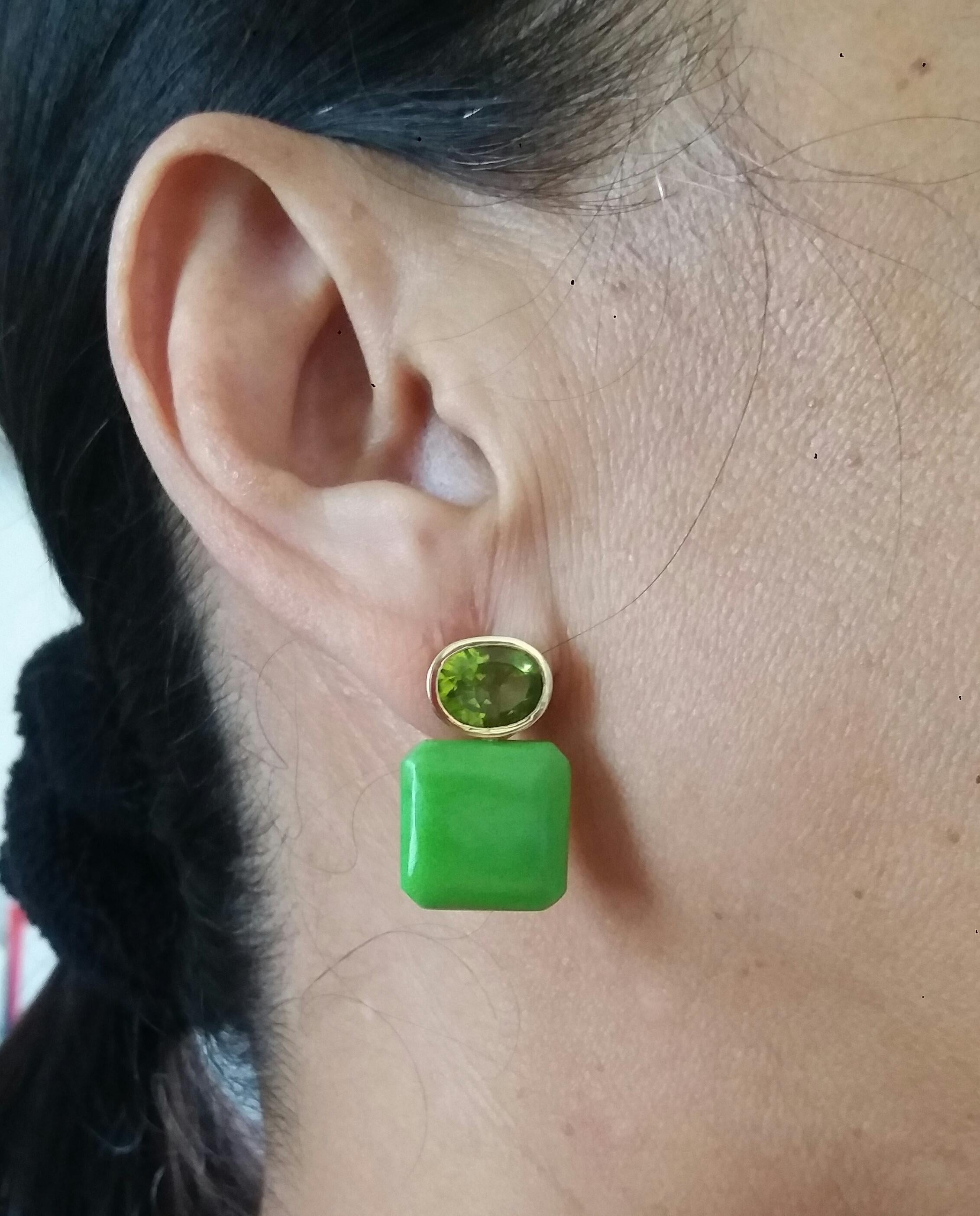 Oval Cut Peridot Turkmenistan Green Turquoise Octagon 14K Yellow Gold Earrings For Sale 6