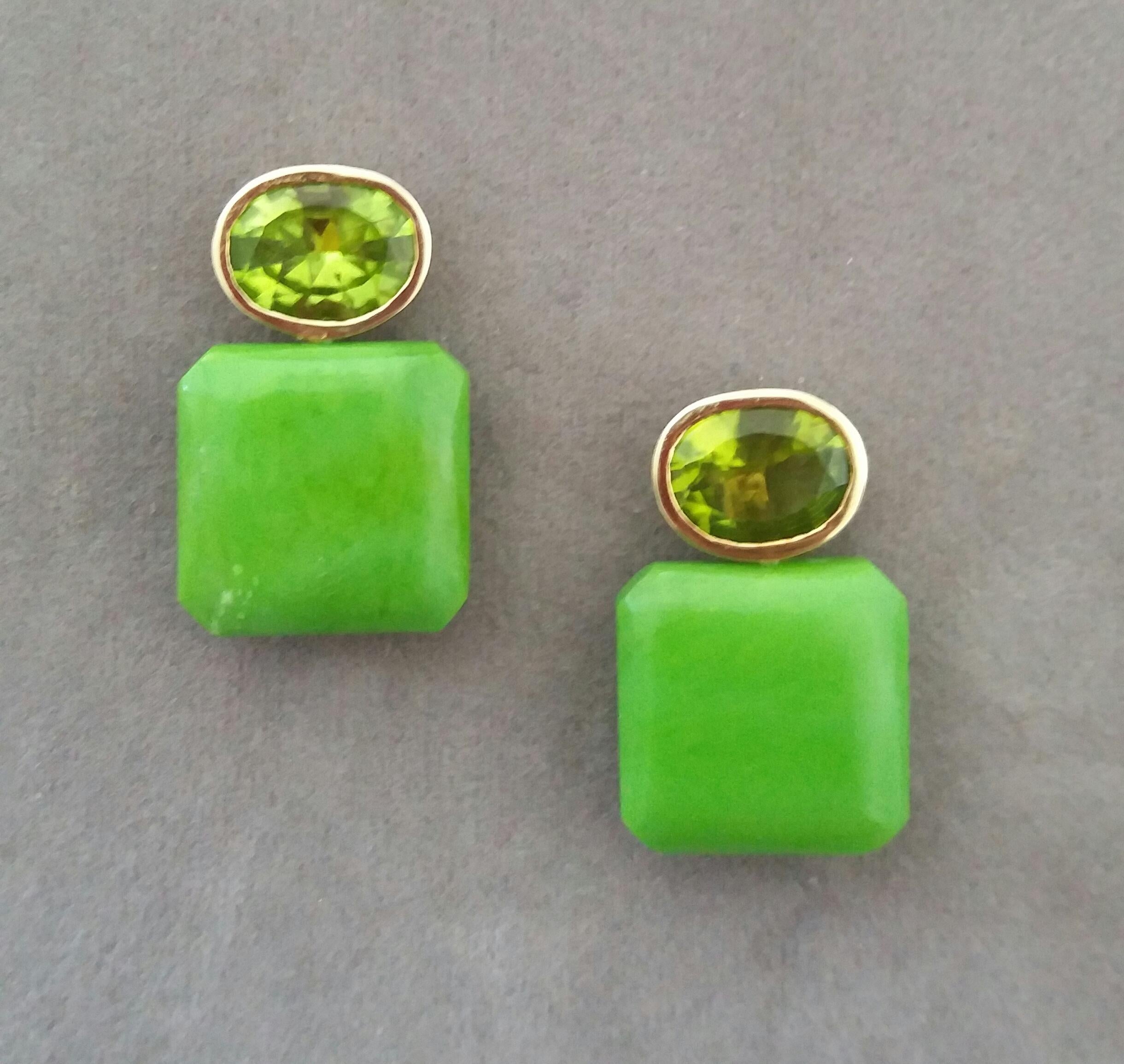 Contemporary Oval Cut Peridot Turkmenistan Green Turquoise Octagon 14K Yellow Gold Earrings For Sale