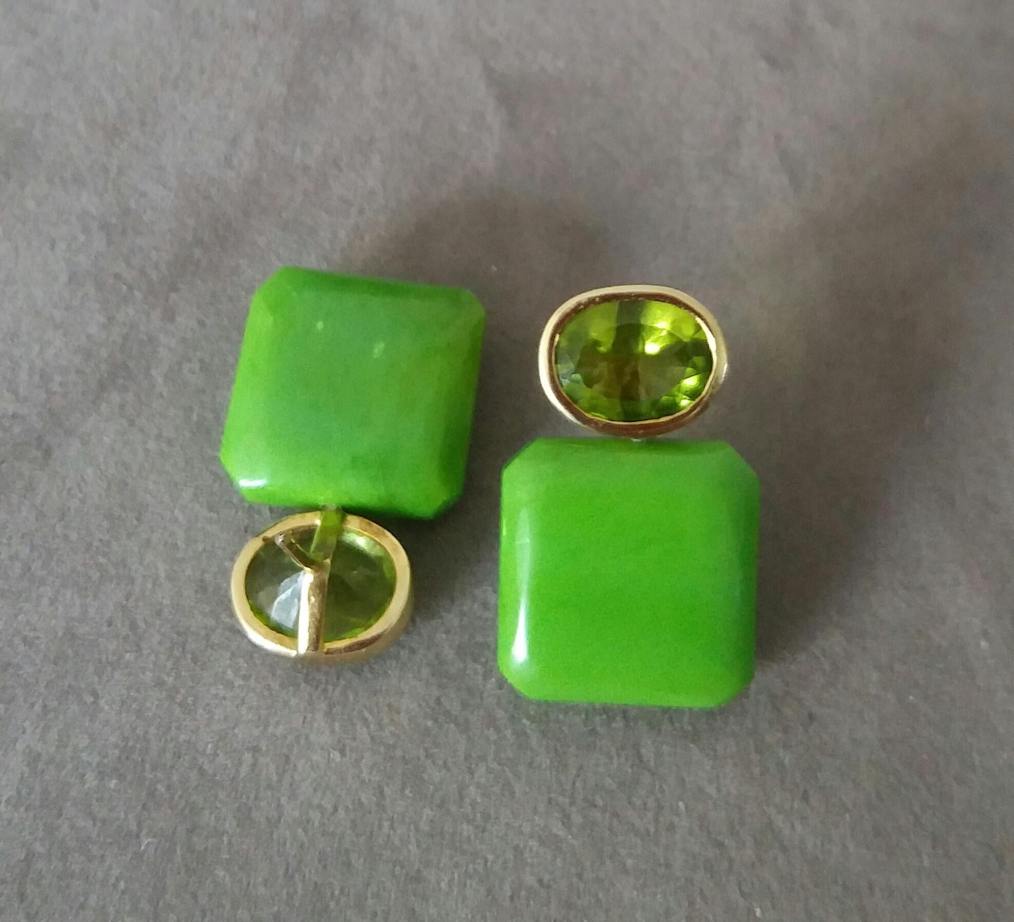 Oval Cut Peridot Turkmenistan Green Turquoise Octagon 14K Yellow Gold Earrings For Sale 1