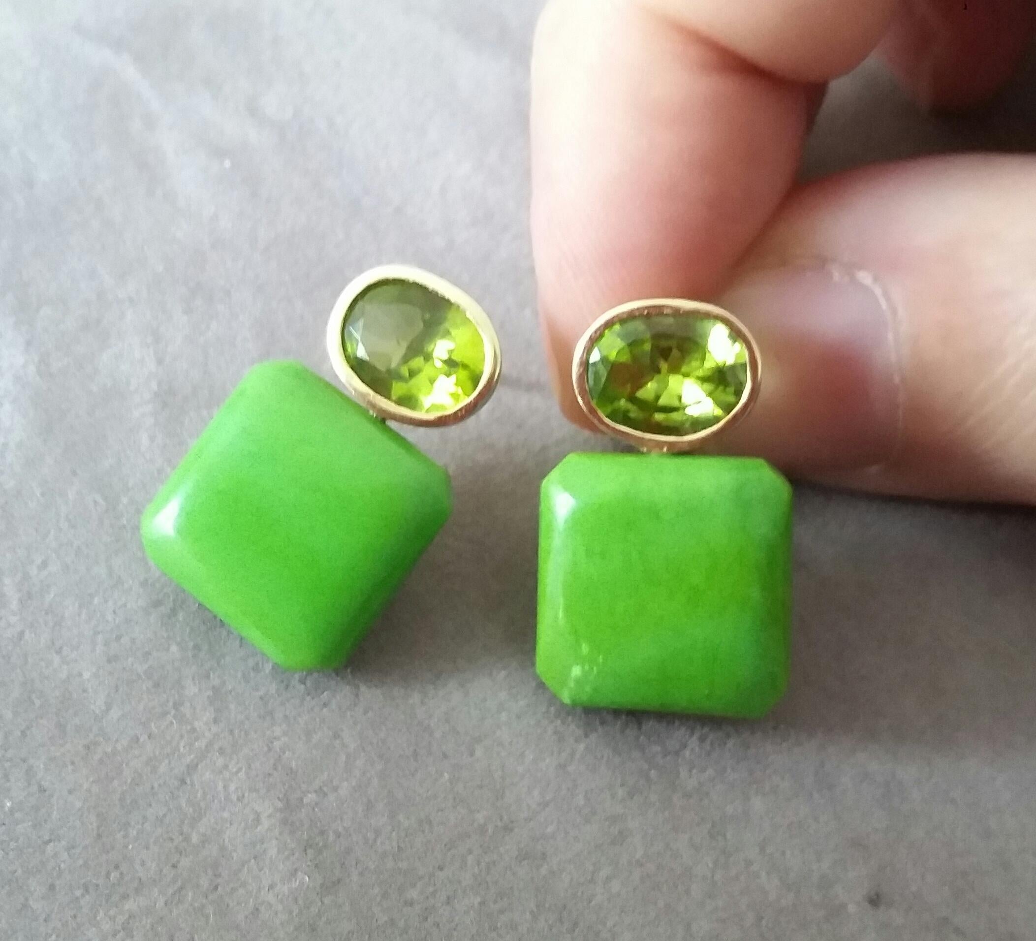 Oval Cut Peridot Turkmenistan Green Turquoise Octagon 14K Yellow Gold Earrings For Sale 2