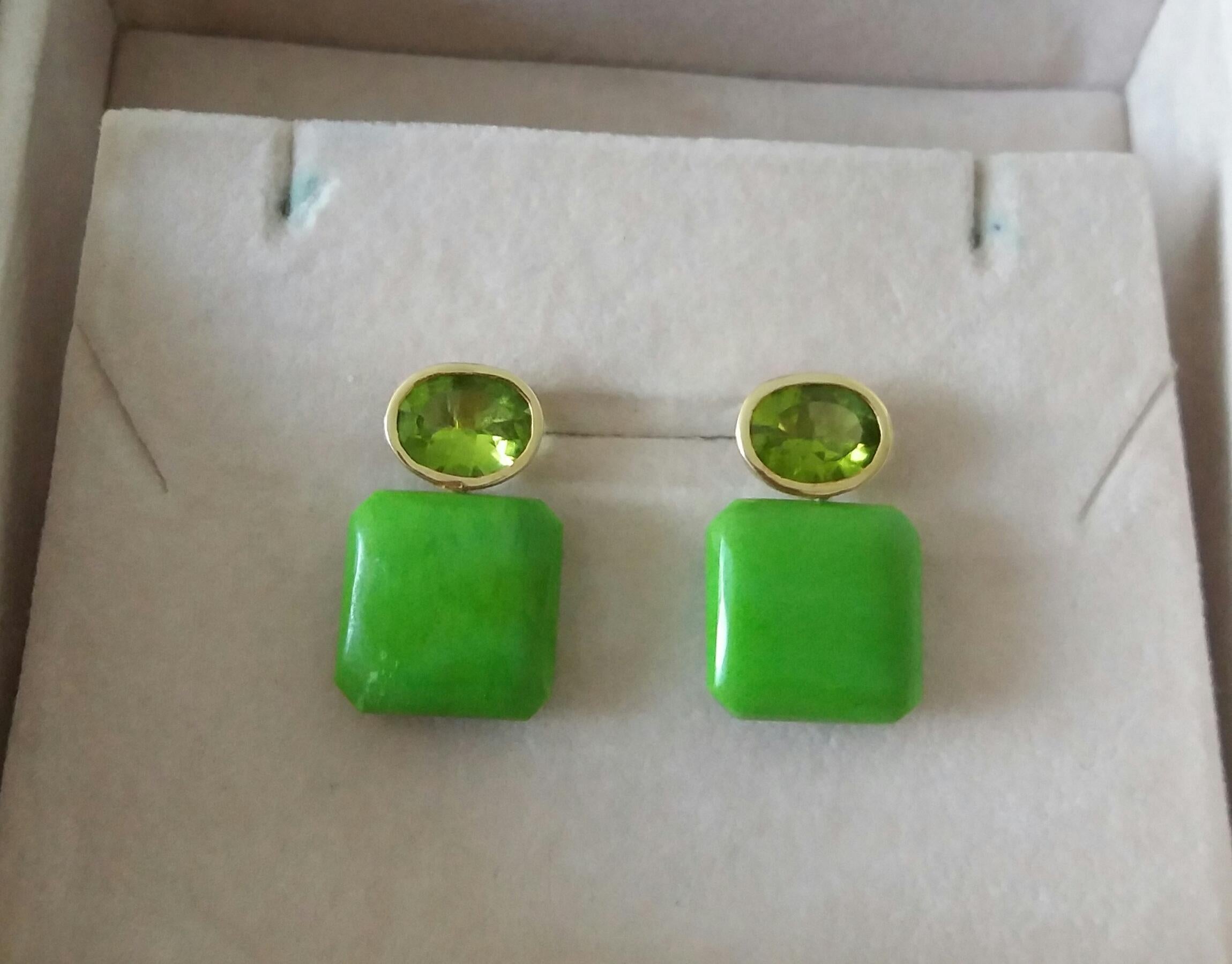 Oval Cut Peridot Turkmenistan Green Turquoise Octagon 14K Yellow Gold Earrings For Sale 3