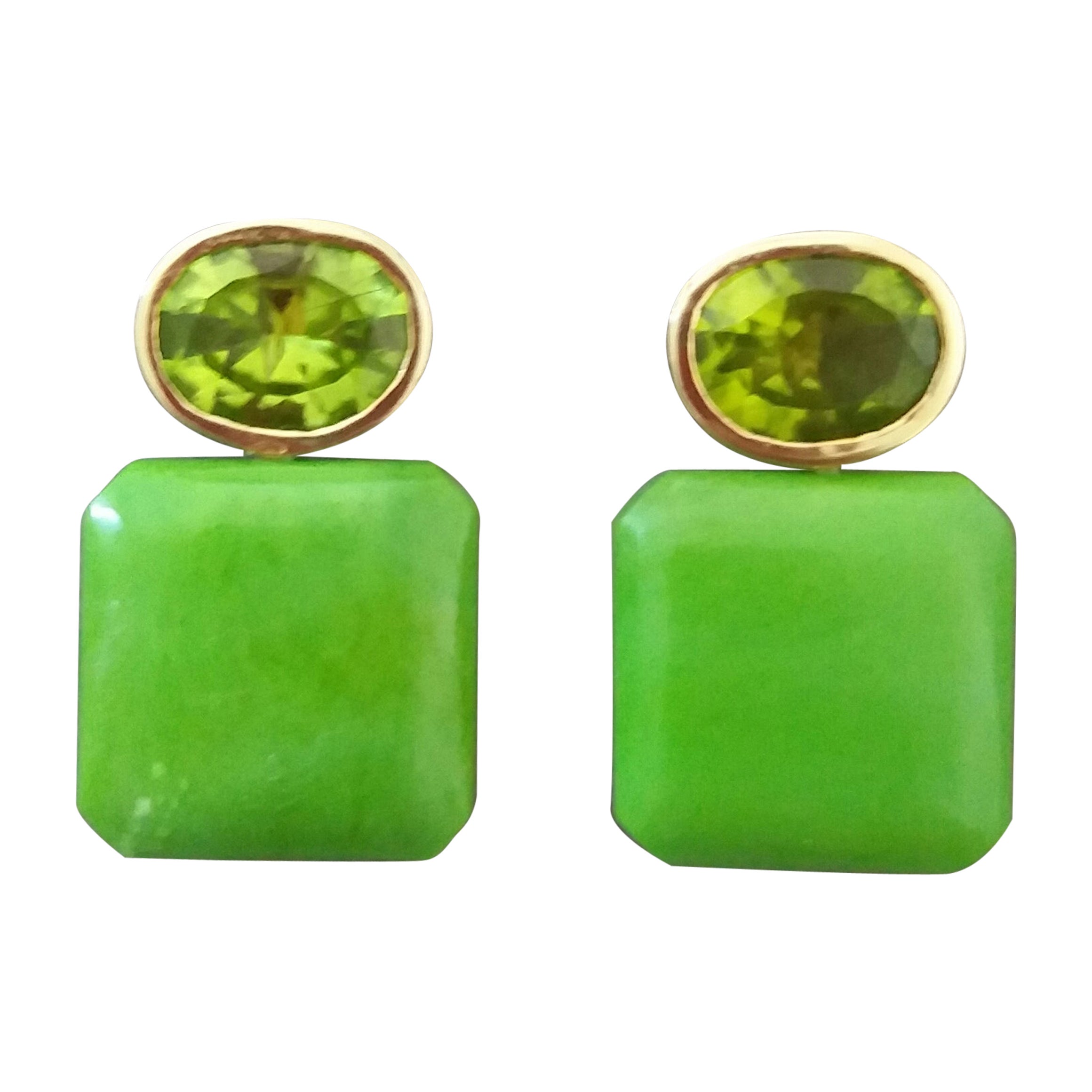 Boucles d'oreilles octogonales en or jaune 14 carats avec péridots taille ovale et turquoise verte du Turkmenistan