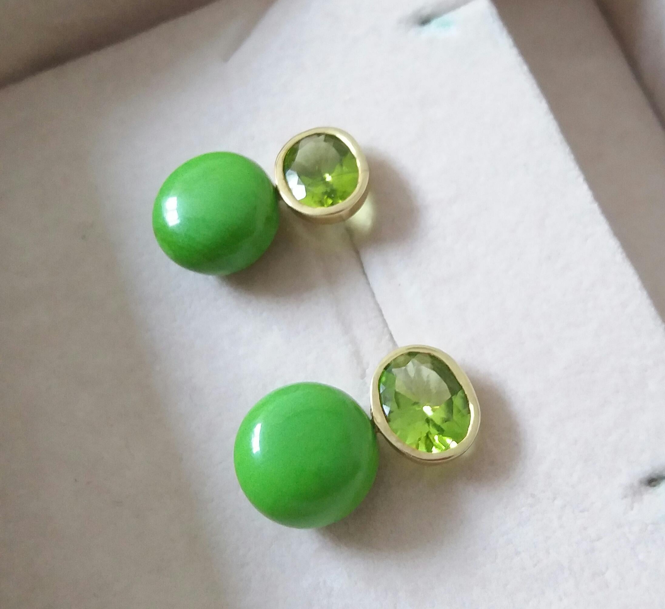 Oval Cut Peridot Turkmenistan Green Turquoise Round Cab 14K Yellow Gold Earrings For Sale 3