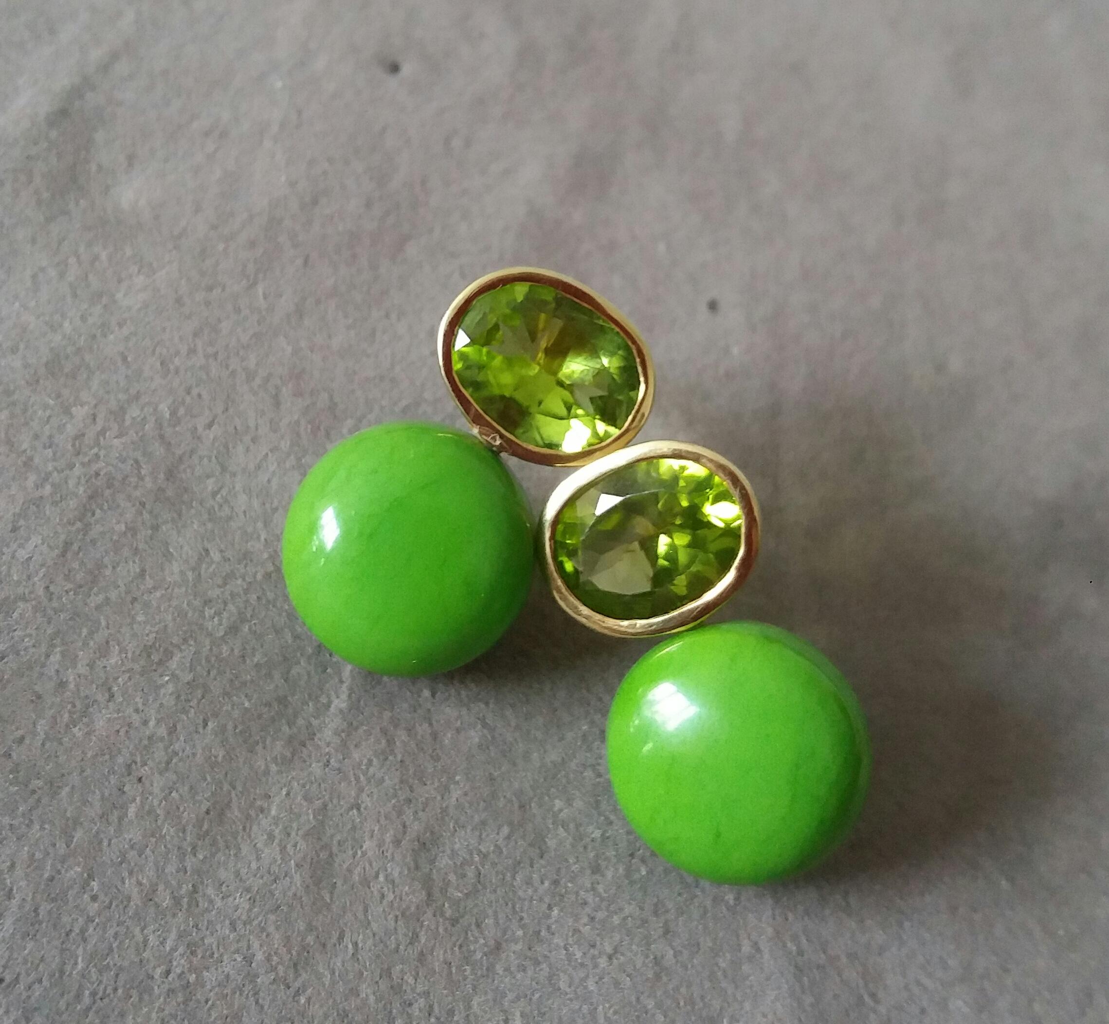 Oval Cut Peridot Turkmenistan Green Turquoise Round Cab 14K Yellow Gold Earrings For Sale 4