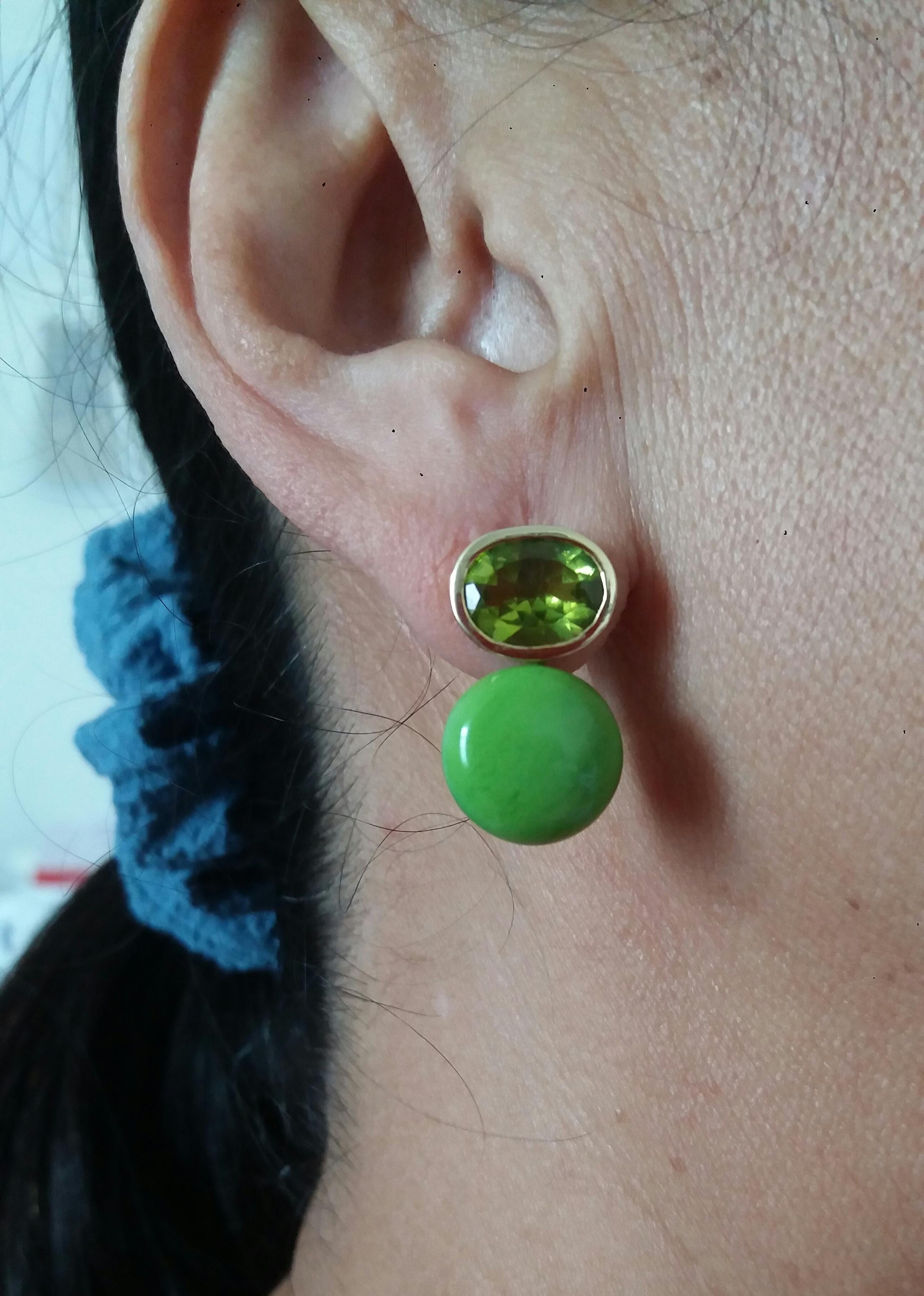 Oval Cut Peridot Turkmenistan Green Turquoise Round Cab 14K Yellow Gold Earrings For Sale 5