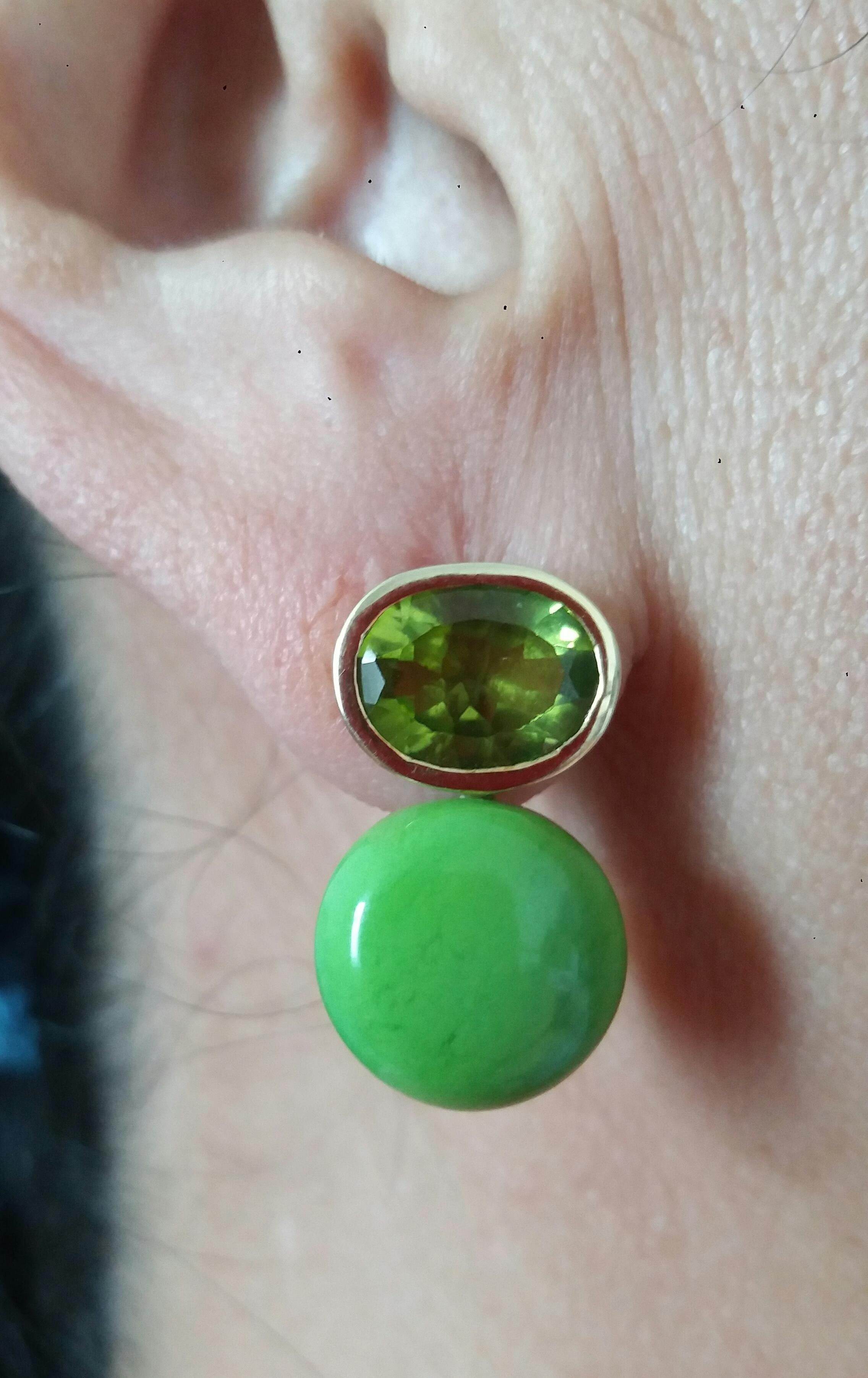 Oval Cut Peridot Turkmenistan Green Turquoise Round Cab 14K Yellow Gold Earrings For Sale 6