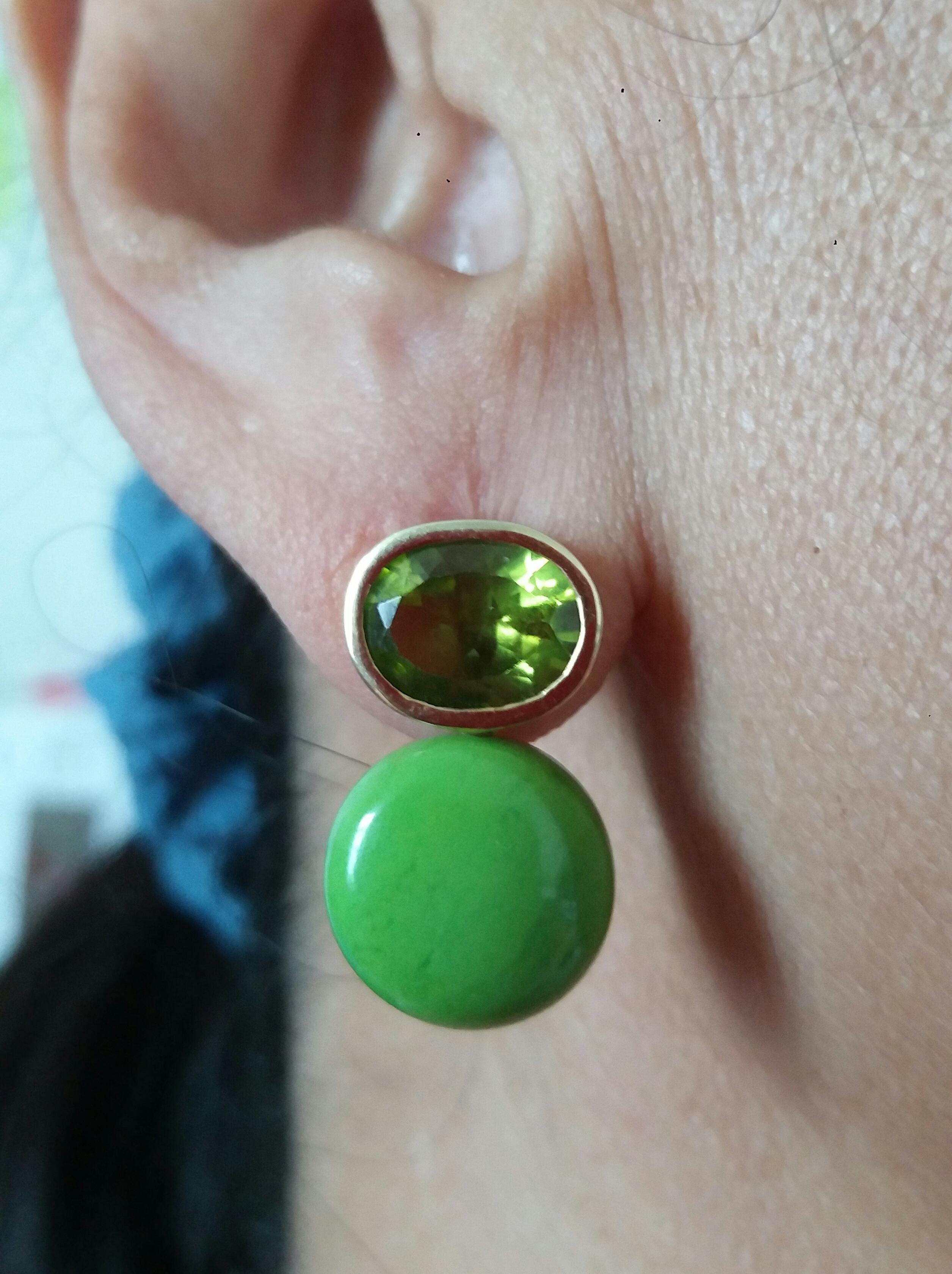 Oval Cut Peridot Turkmenistan Green Turquoise Round Cab 14K Yellow Gold Earrings For Sale 7
