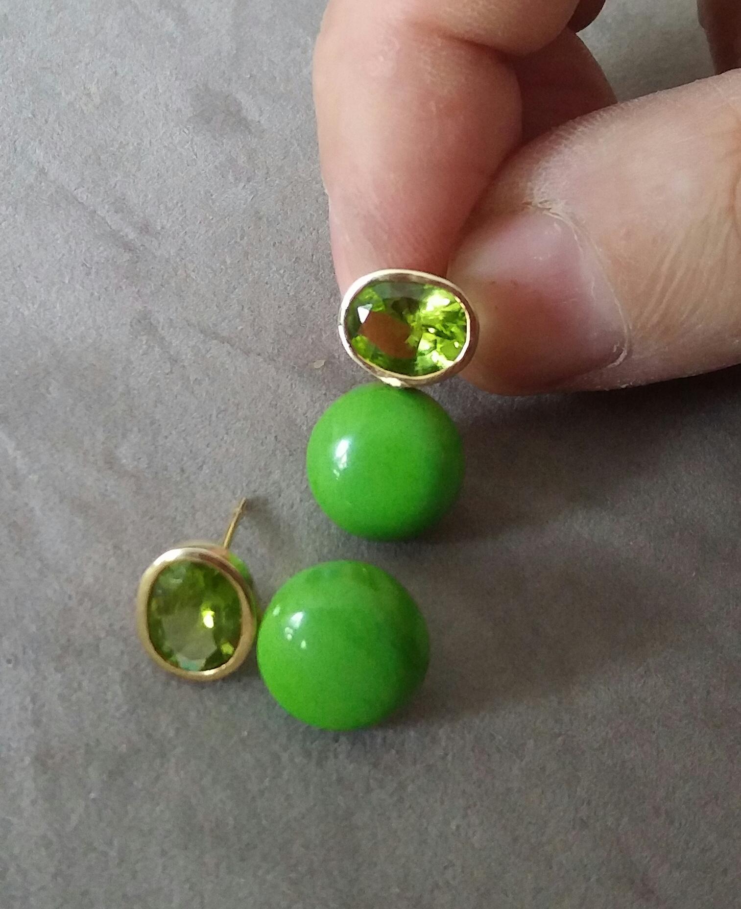 Oval Cut Peridot Turkmenistan Green Turquoise Round Cab 14K Yellow Gold Earrings For Sale 1
