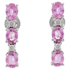 Oval Cut Pink Sapphire and Diamond Dangle Earrings in 18K White Gold