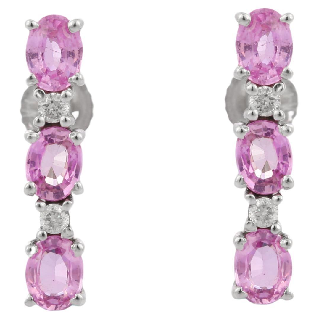 Oval Cut Pink Sapphire and Diamond Dangle Earrings in 18K White Gold