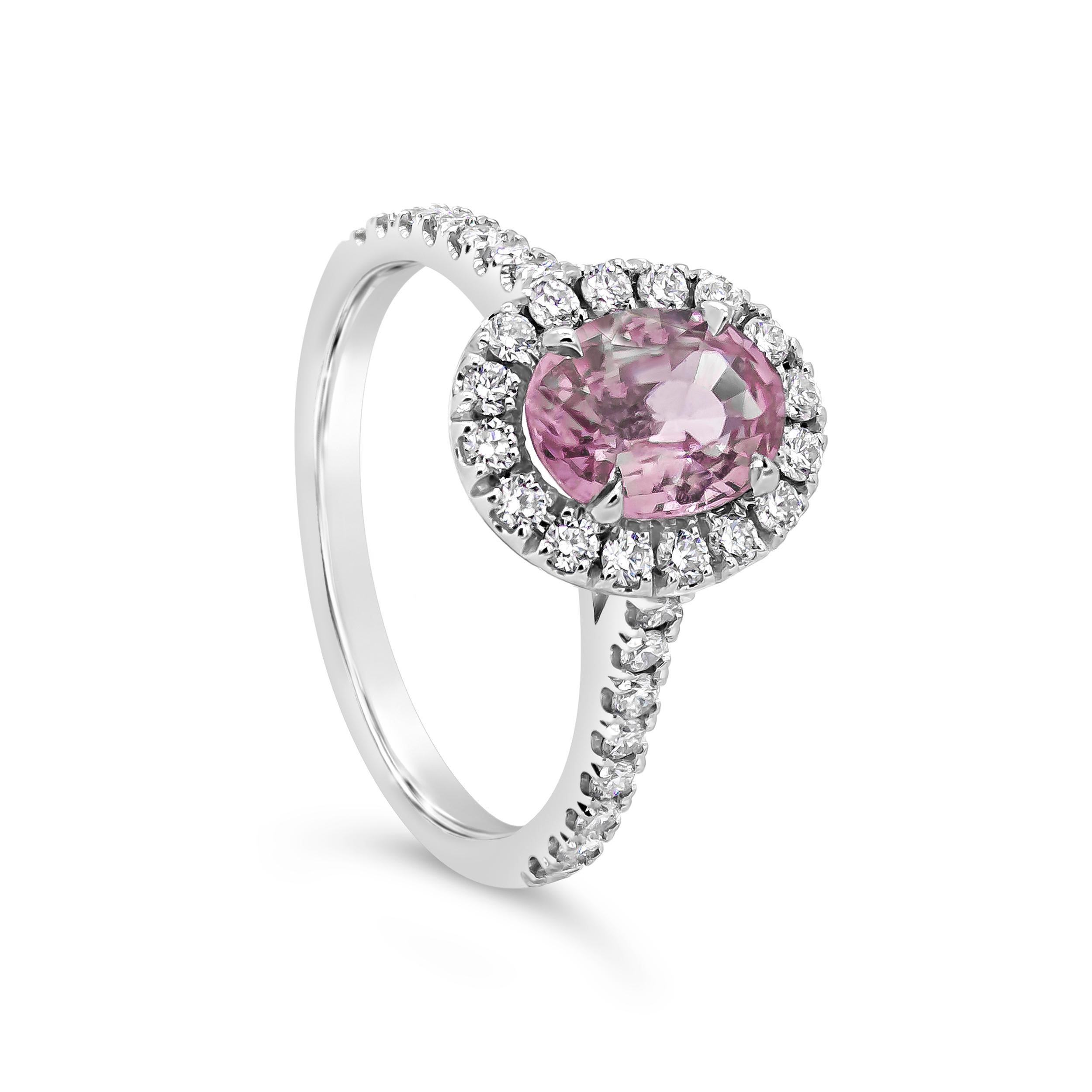 An appealing halo engagement ring style showcasing a oval cut pink sapphire weighing 1.57 carats total, elegantly surrounded by a row of brilliant round diamonds weighing 0.50 carats. Accented with a diamond encrusted wedding band set half way. Made