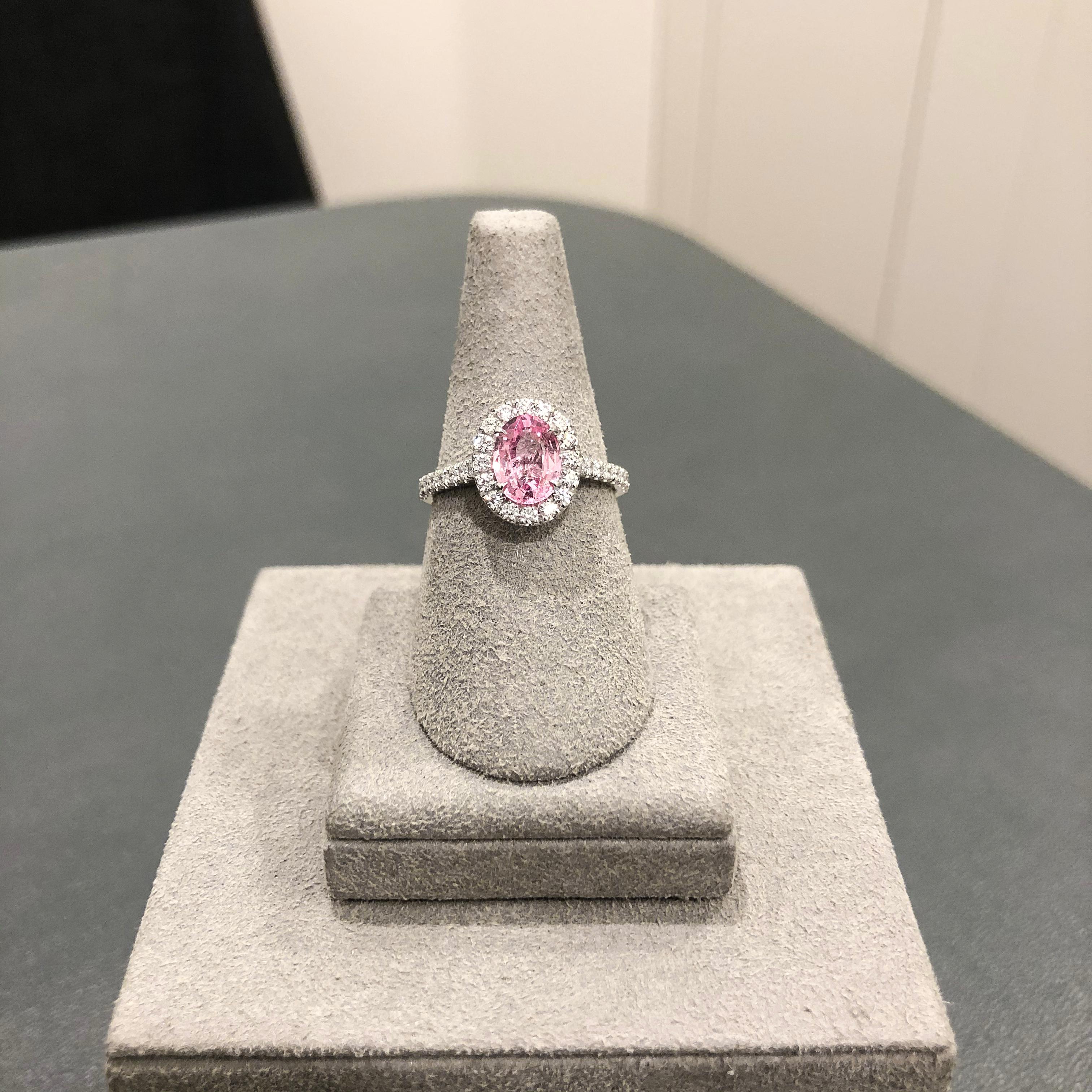 Roman Malakov 1.57 Carat Oval Cut Pink Sapphire and Diamond Halo Engagement Ring In New Condition For Sale In New York, NY
