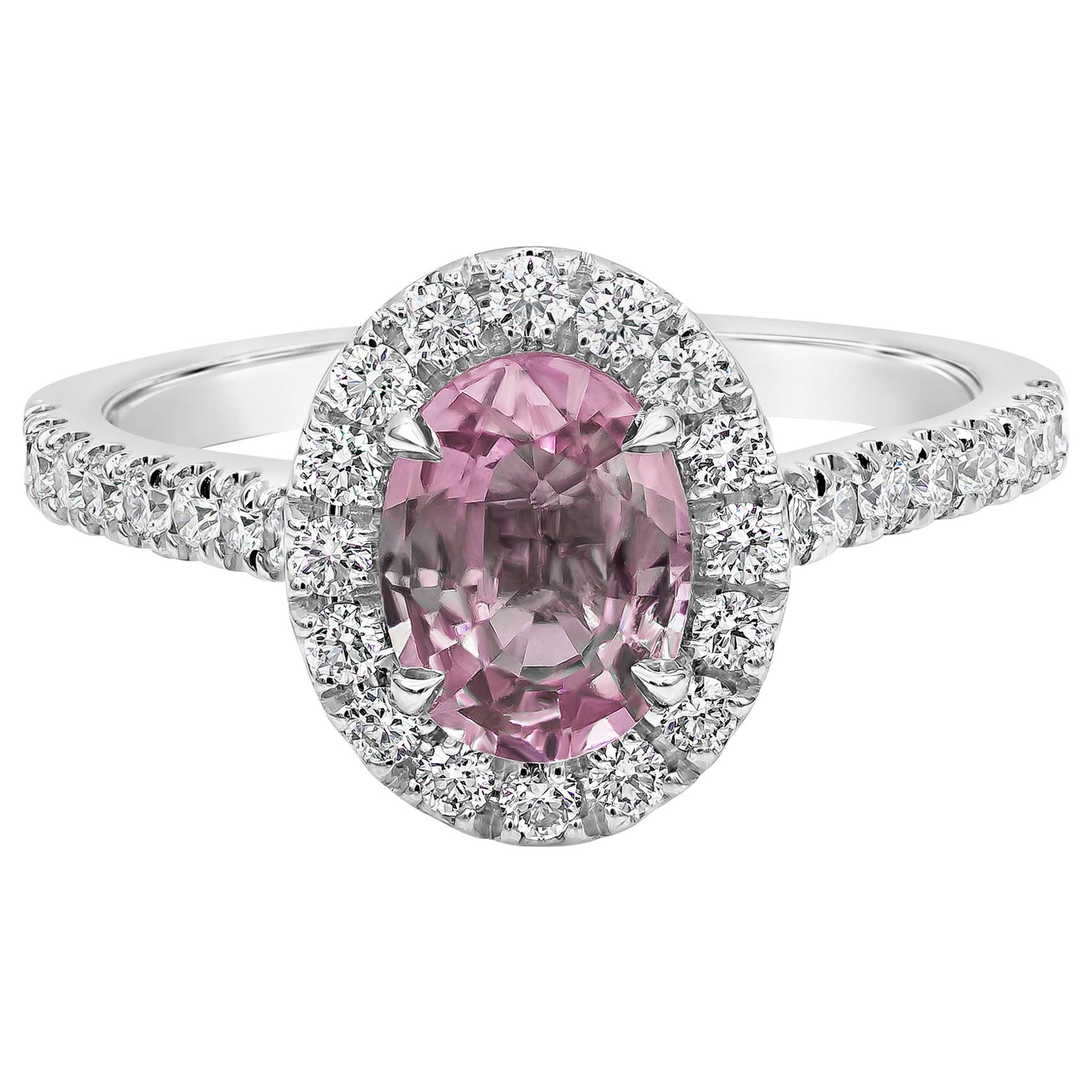 Roman Malakov 1.57 Carat Oval Cut Pink Sapphire and Diamond Halo Engagement Ring For Sale