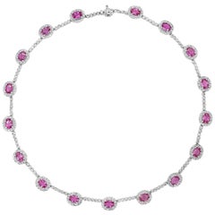 21.74 Carats Total Oval Cut Pink Sapphire and Diamond Halo Necklace