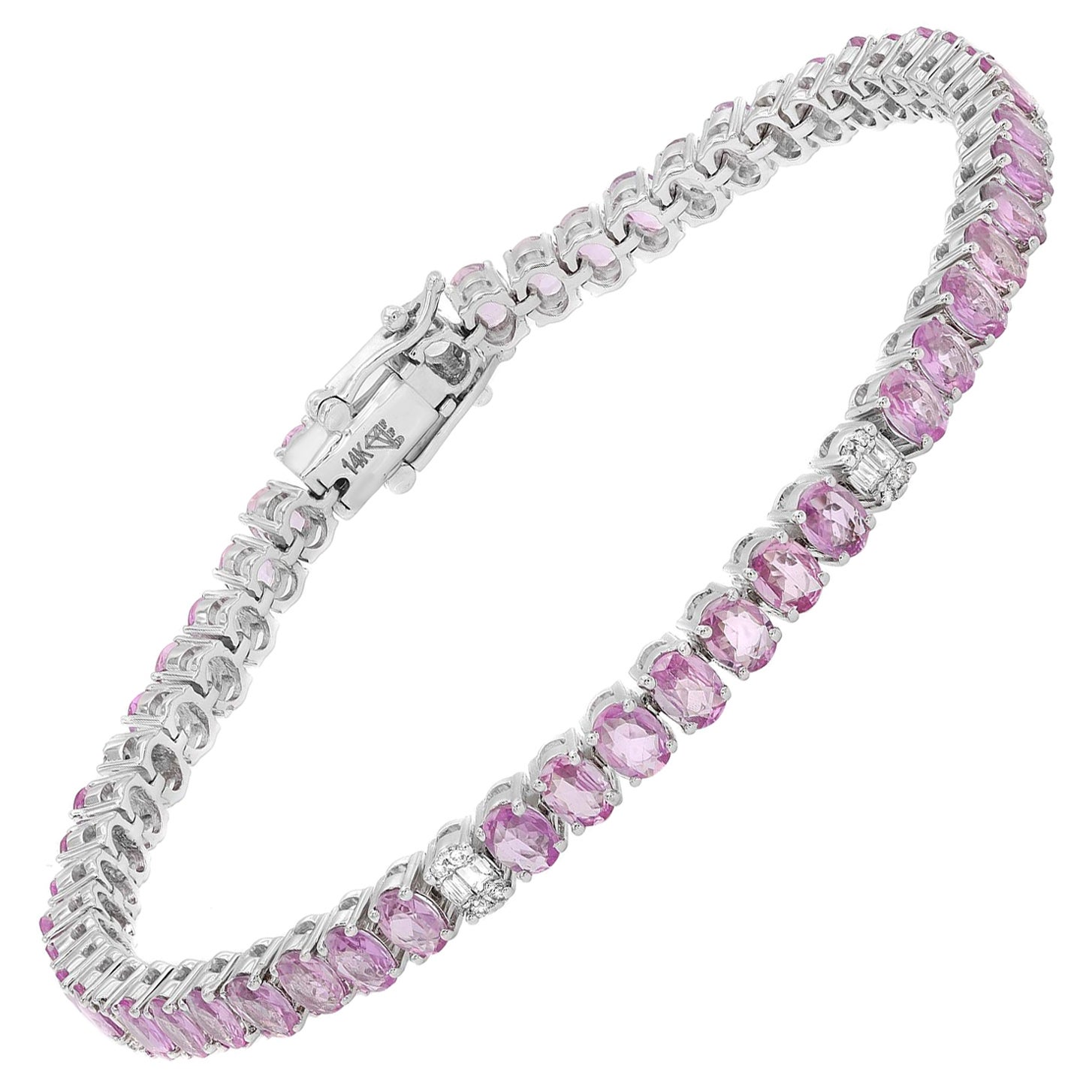 Bracciale tennis con zaffiri rosa e diamanti taglio ovale in oro bianco 14 carati