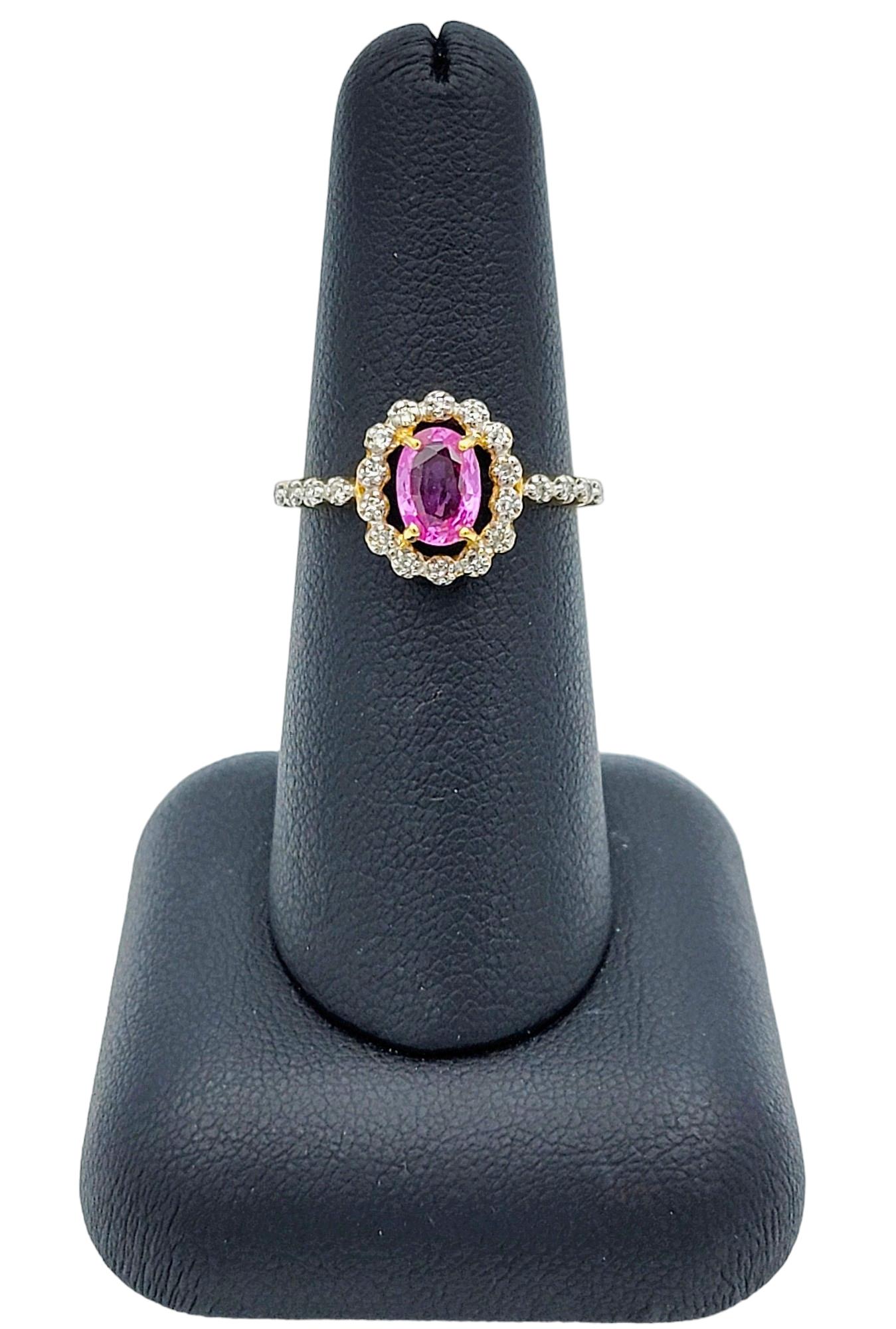 Oval Cut Pink Sapphire Ring with Floating Diamond Halo in 18 Karat Yellow Gold  For Sale 5