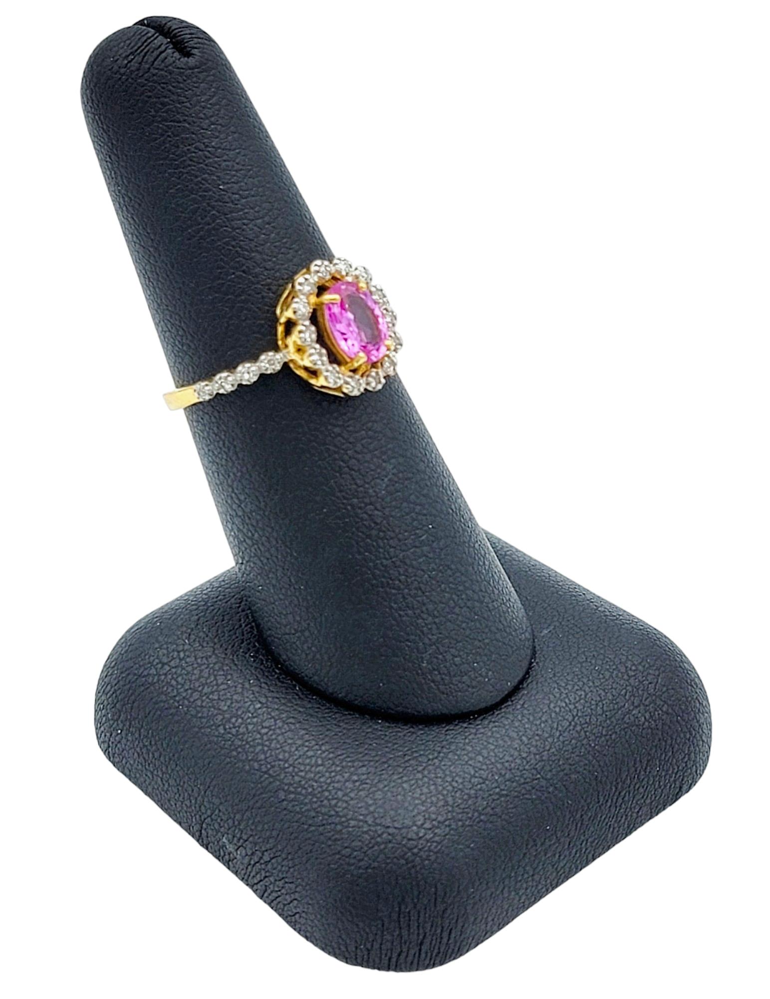 Oval Cut Pink Sapphire Ring with Floating Diamond Halo in 18 Karat Yellow Gold  For Sale 6
