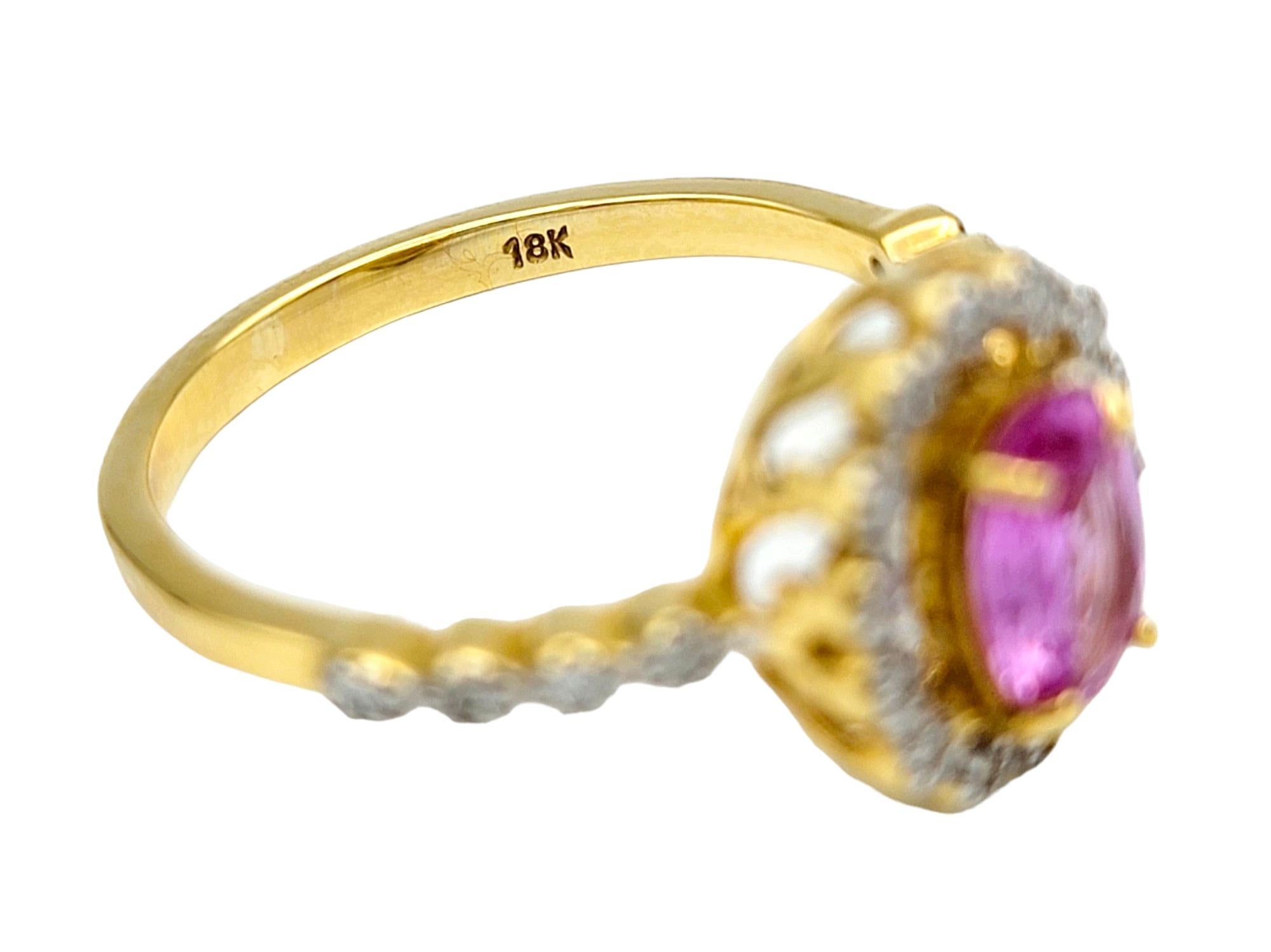 Oval Cut Pink Sapphire Ring with Floating Diamond Halo in 18 Karat Yellow Gold  For Sale 2