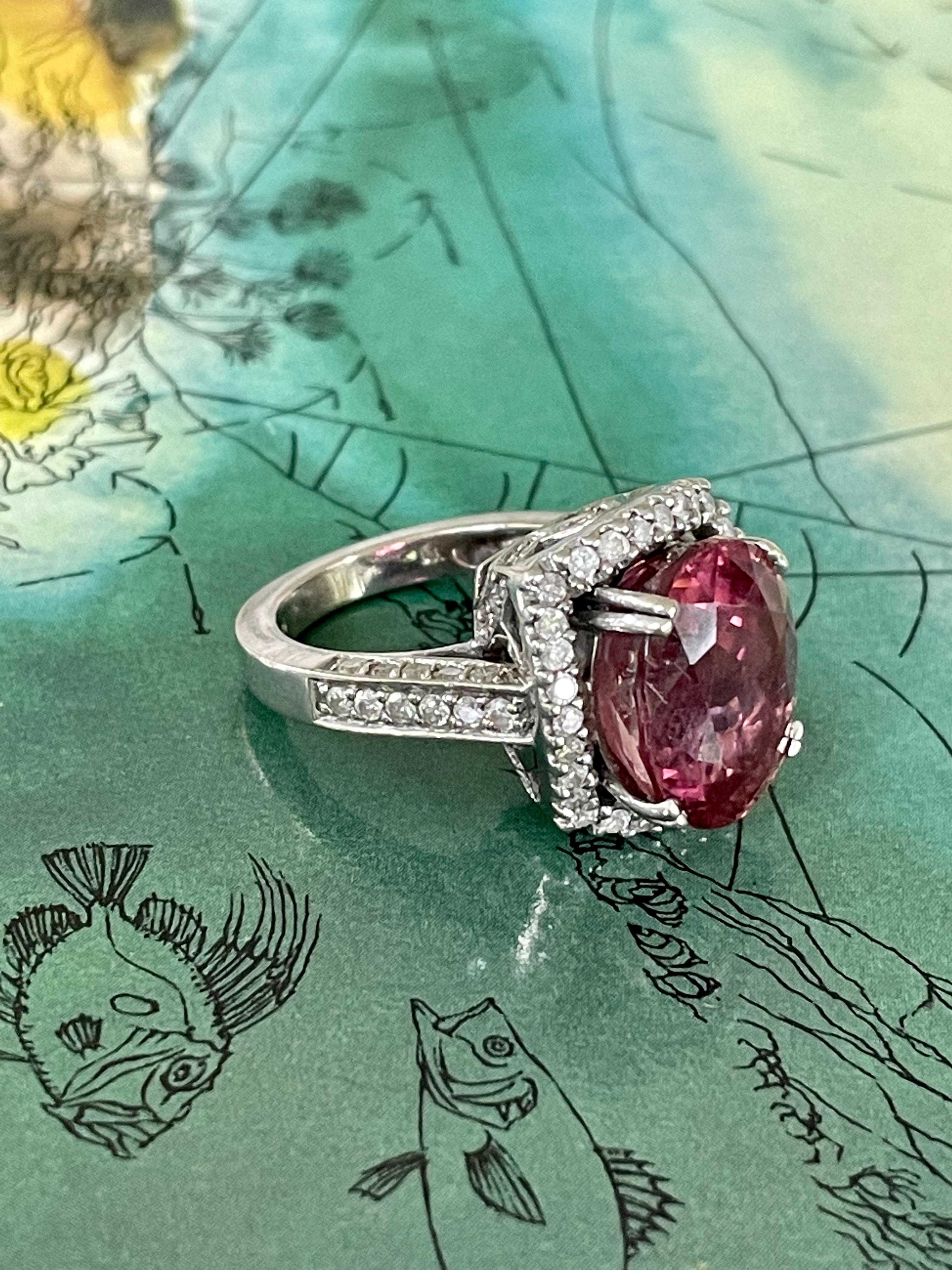 Mixed Cut Oval Cut Pink Tourmaline and Brilliant Cut Diamond 14 Karat White Gold Ring For Sale