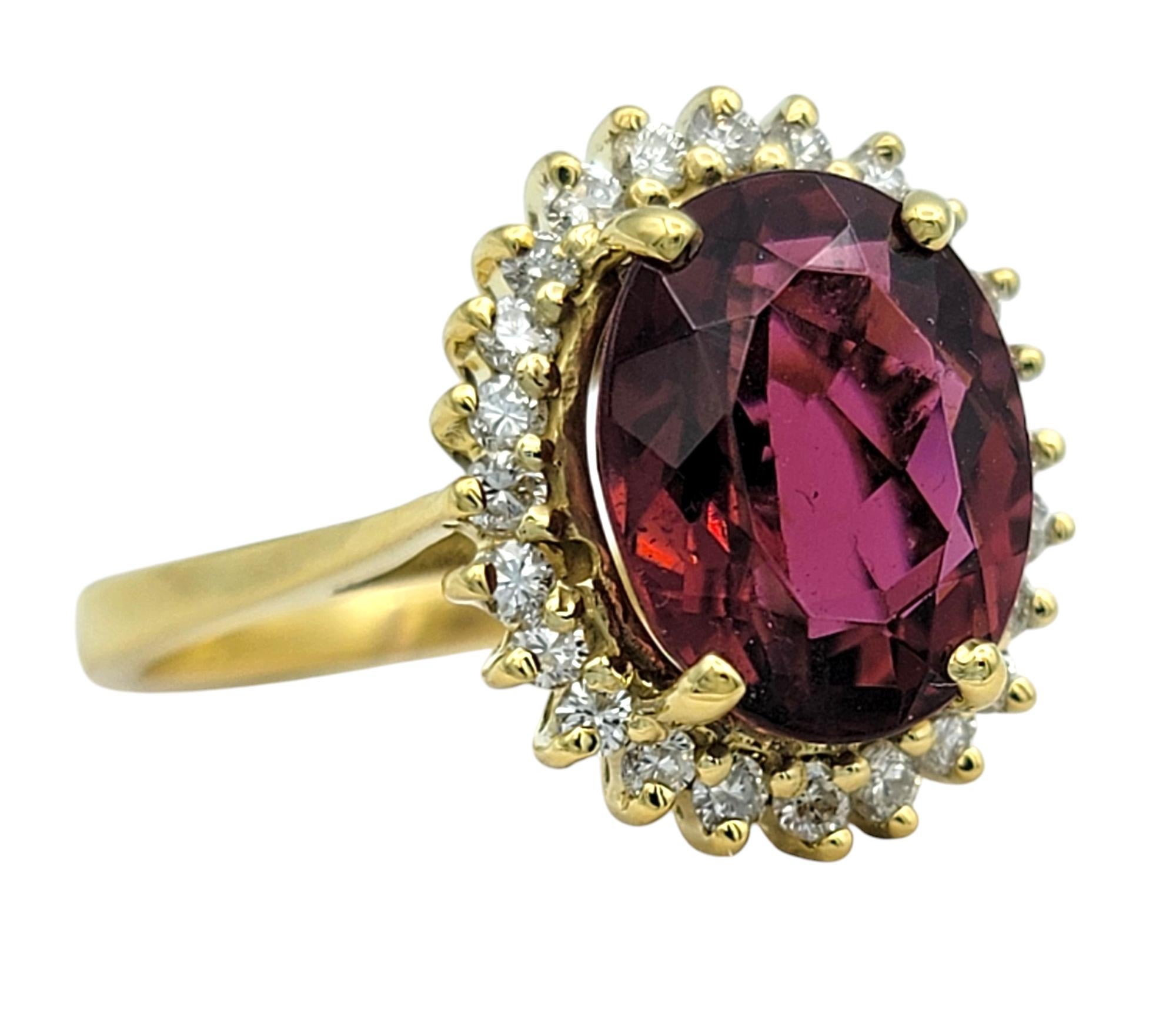 Oval Cut Pink Tourmaline and Diamond Halo Cocktail Ring in 18 Karat Yellow Gold In Good Condition For Sale In Scottsdale, AZ
