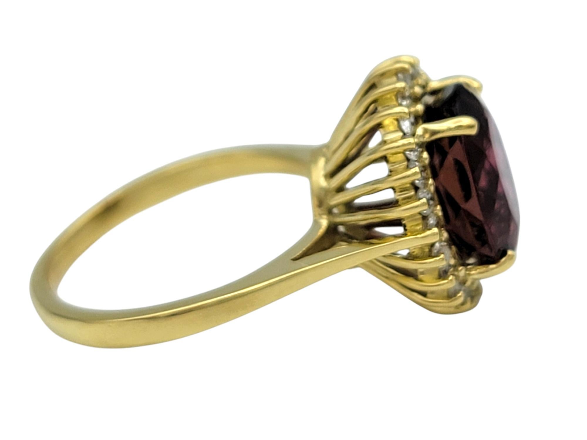 Women's Oval Cut Pink Tourmaline and Diamond Halo Cocktail Ring in 18 Karat Yellow Gold For Sale