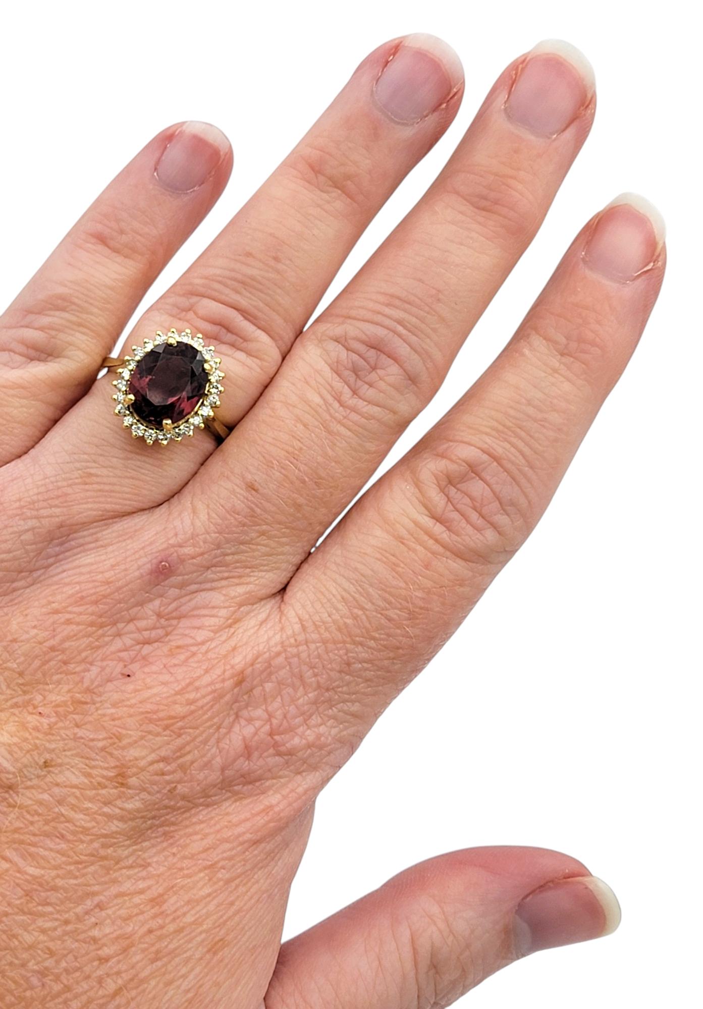 Oval Cut Pink Tourmaline and Diamond Halo Cocktail Ring in 18 Karat Yellow Gold For Sale 2