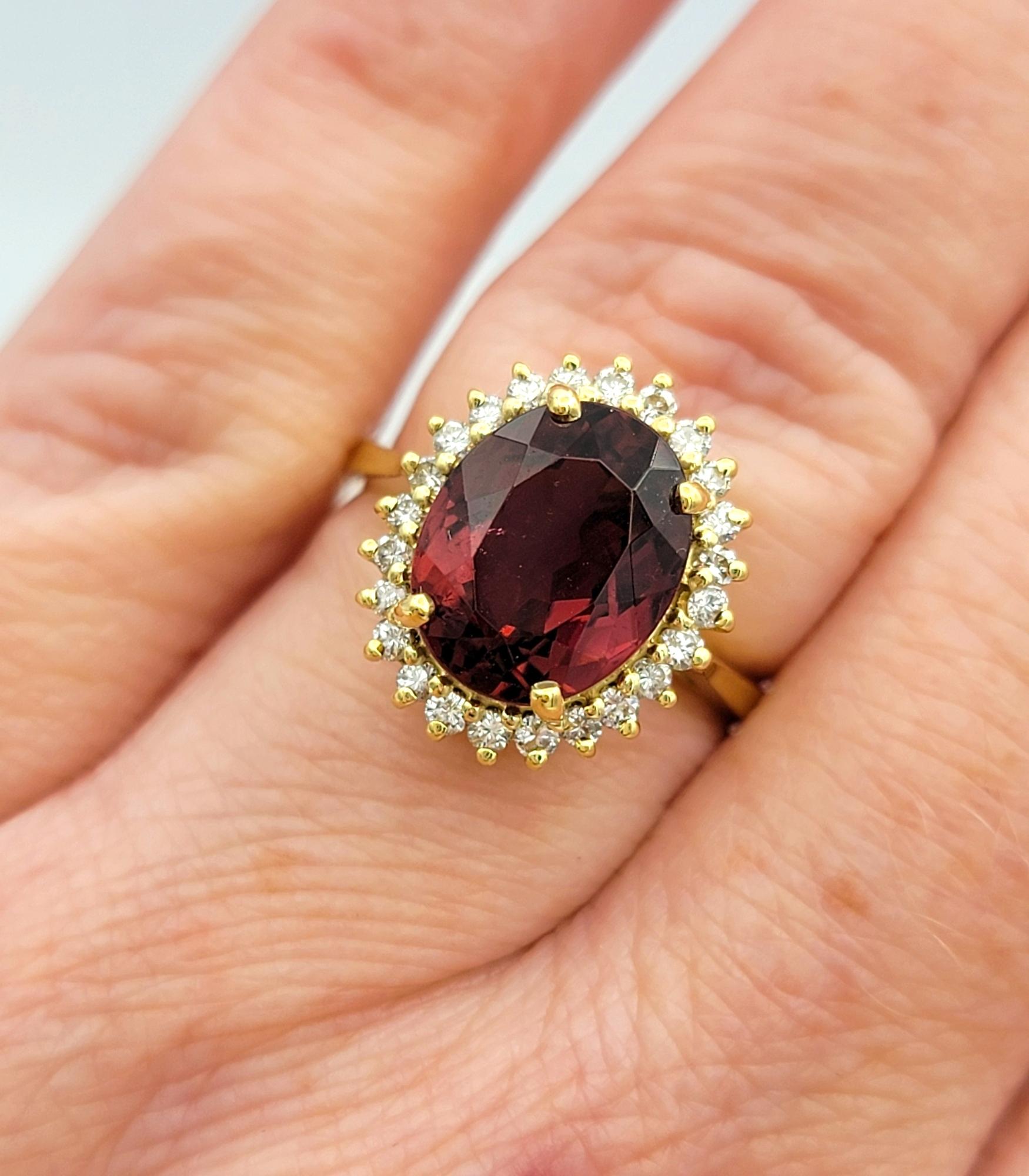 Oval Cut Pink Tourmaline and Diamond Halo Cocktail Ring in 18 Karat Yellow Gold For Sale 3