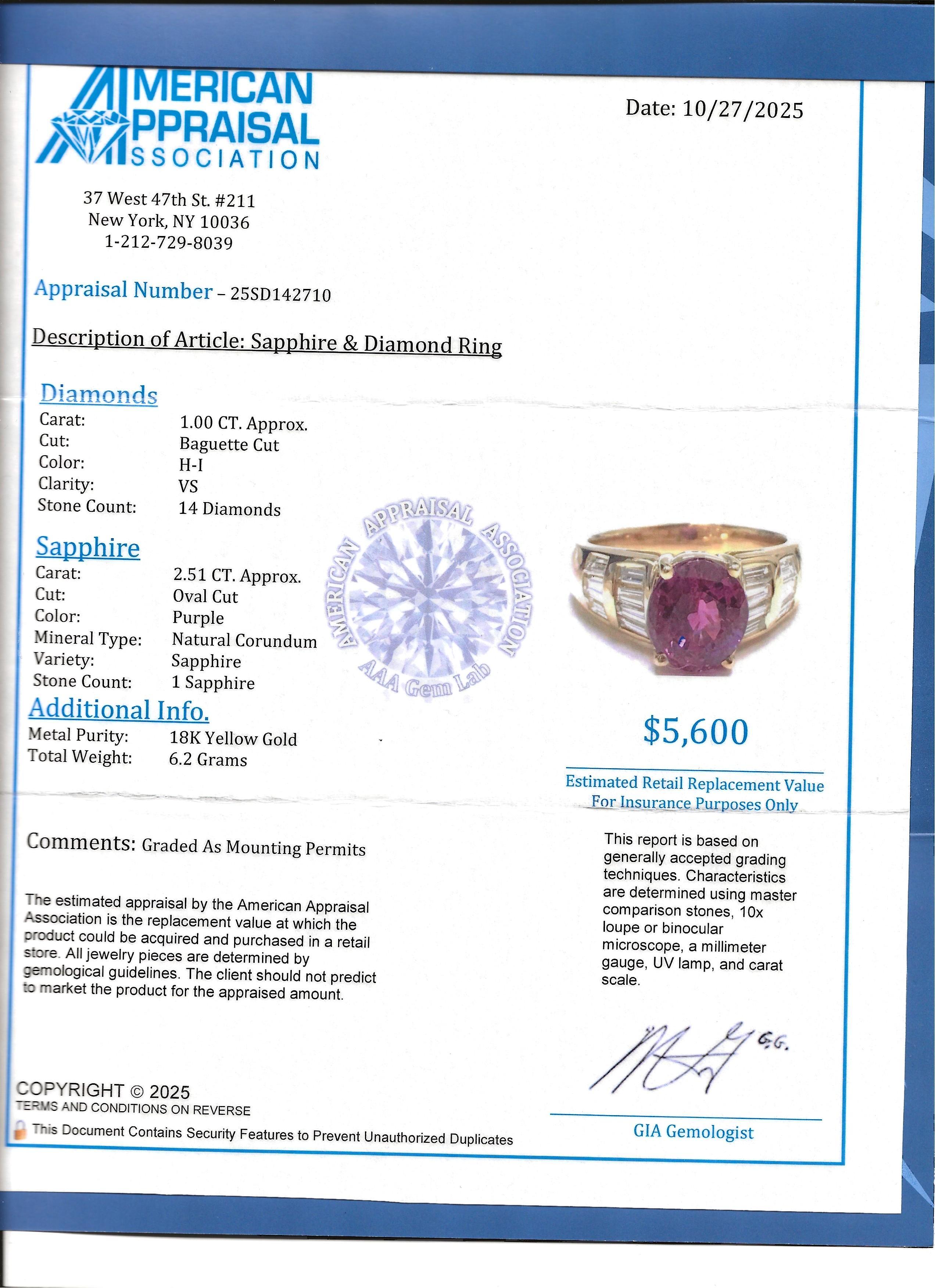 Oval Cut Purple Sapphire and Baguette Diamond Ring in 18 Karat Yellow Gold im Angebot 6