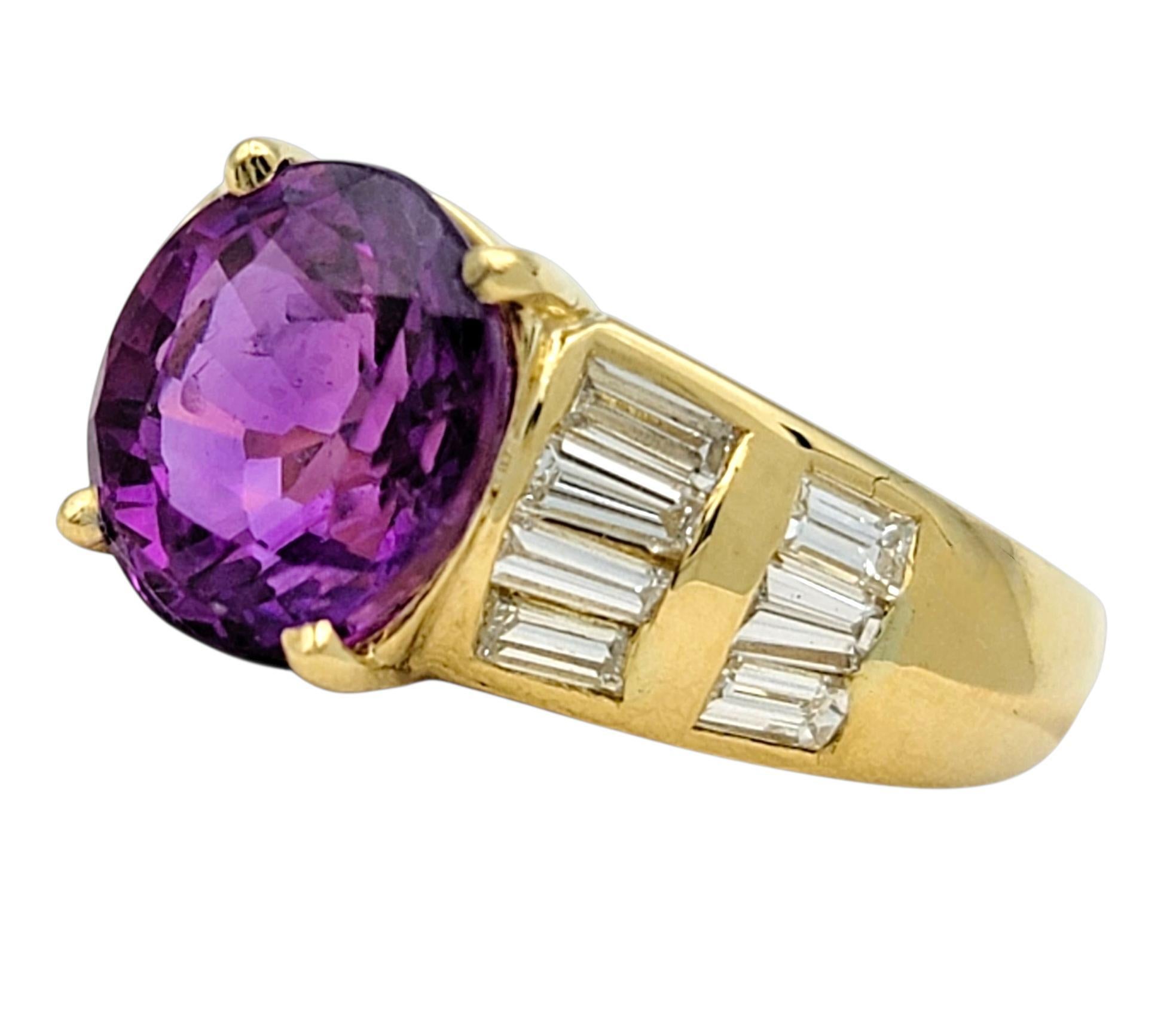 This ring features a striking oval cut 2.51 carat sapphire with a rich, vivid purple hue that immediately draws the eye. Its smooth, domed surface reflects light beautifully, giving the stone depth and dimension as it shifts in color. The sapphire