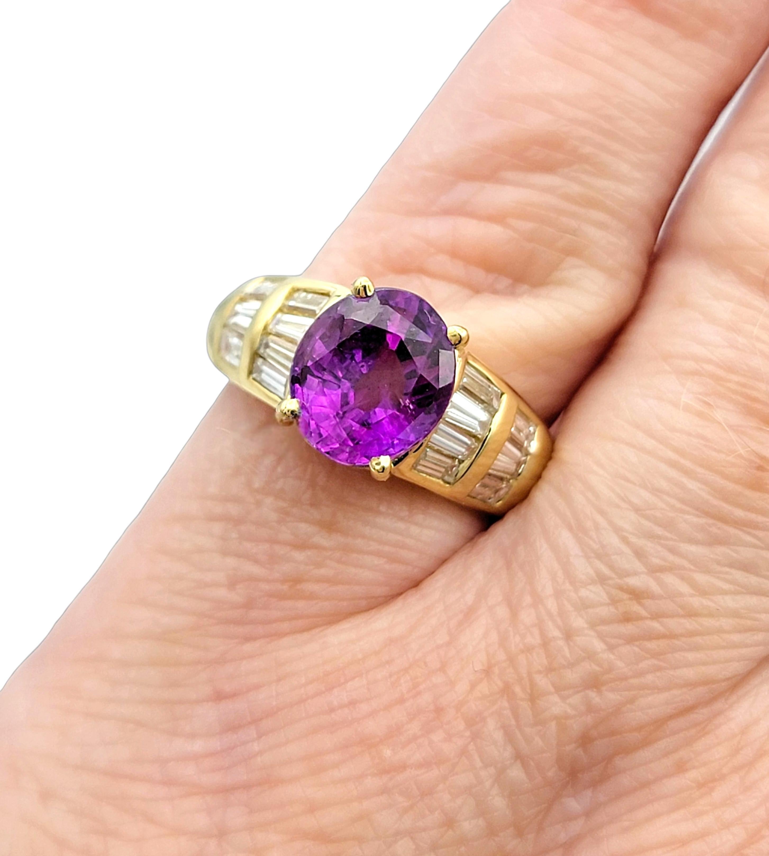 Oval Cut Purple Sapphire and Baguette Diamond Ring in 18 Karat Yellow Gold im Angebot 3