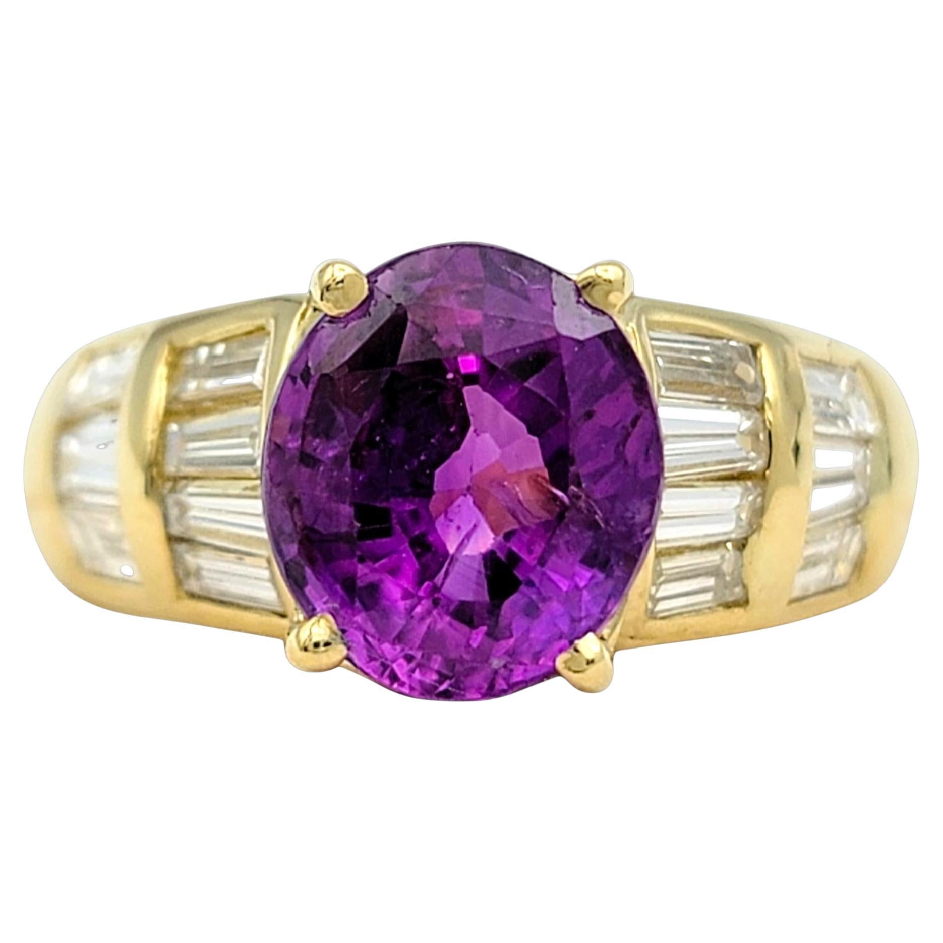 Oval Cut Purple Sapphire and Baguette Diamond Ring in 18 Karat Yellow Gold