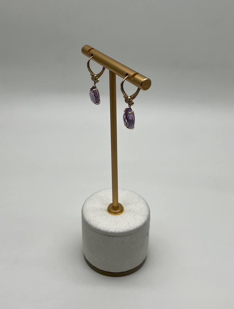 Oval Cut Purple Violet Amethyst 14K Yellow Gold Diamond Drop Statement Earrings For Sale 6