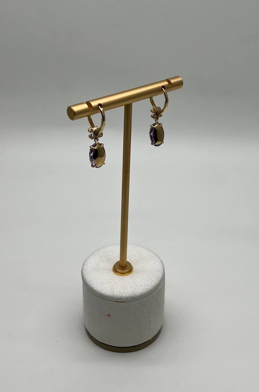 Oval Cut Purple Violet Amethyst 14K Yellow Gold Diamond Drop Statement Earrings For Sale 7