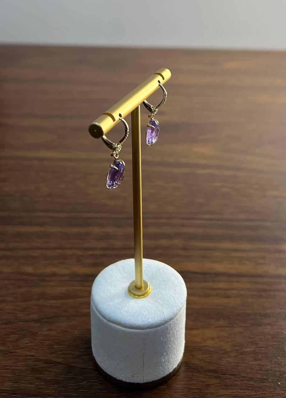 Oval Cut Purple Violet Amethyst 14K Yellow Gold Diamond Drop Statement Earrings For Sale 1