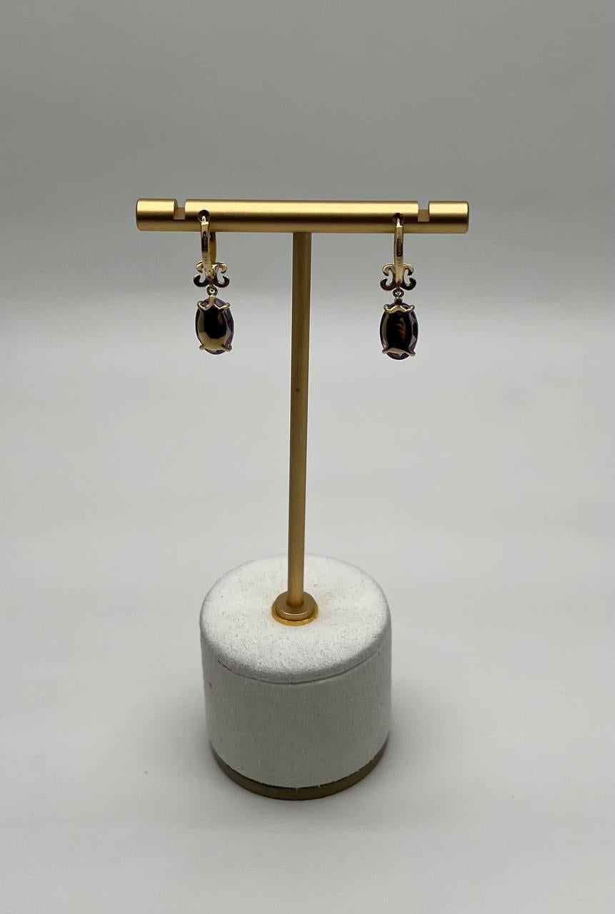 Oval Cut Purple Violet Amethyst 14K Yellow Gold Diamond Drop Statement Earrings For Sale 2