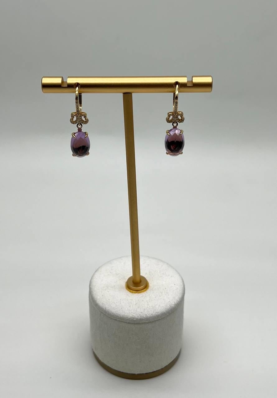 Oval Cut Purple Violet Amethyst 14K Yellow Gold Diamond Drop Statement Earrings For Sale 3