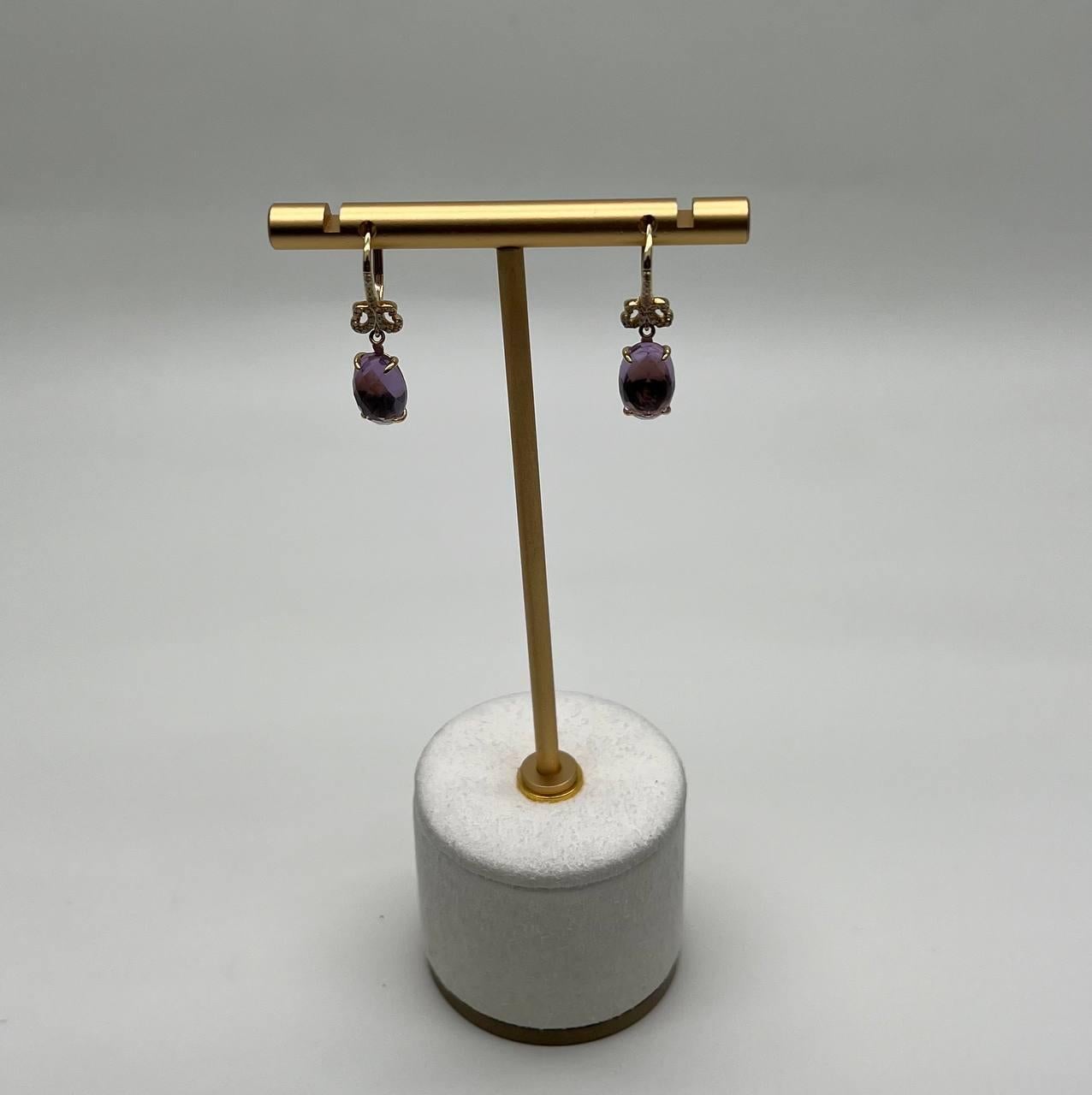 Oval Cut Purple Violet Amethyst 14K Yellow Gold Diamond Drop Statement Earrings For Sale 4