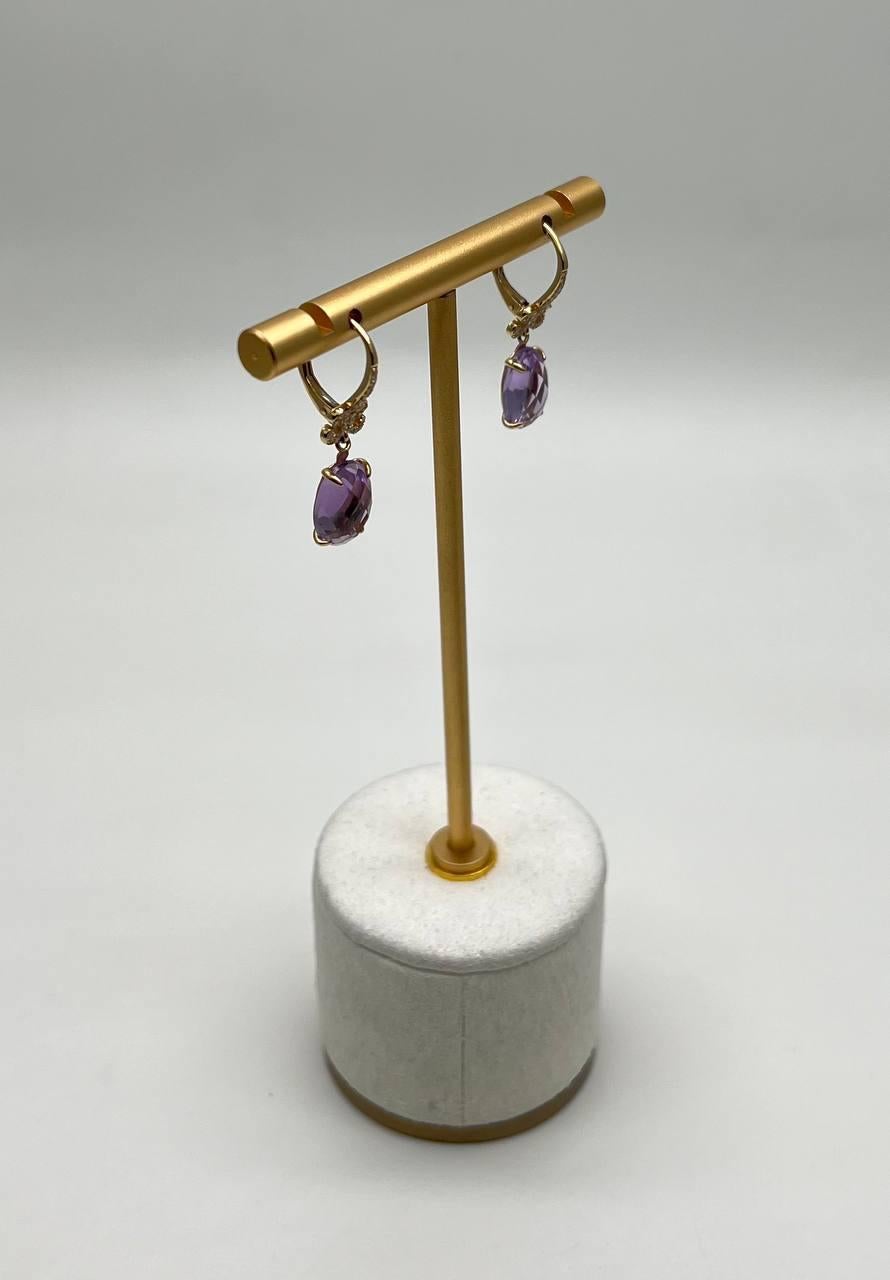 Oval Cut Purple Violet Amethyst 14K Yellow Gold Diamond Drop Statement Earrings For Sale 5