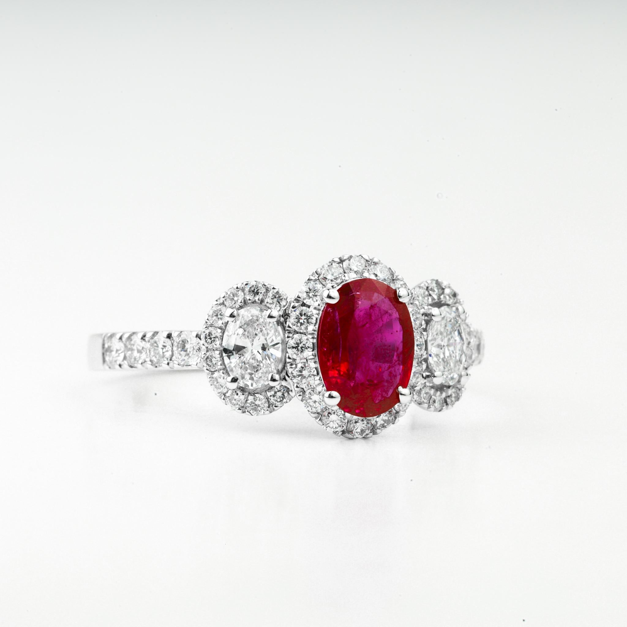 Art Deco Oval Cut Red Ruby Diamond Three Stone Halo Engagement Ring in 18k White Gold For Sale