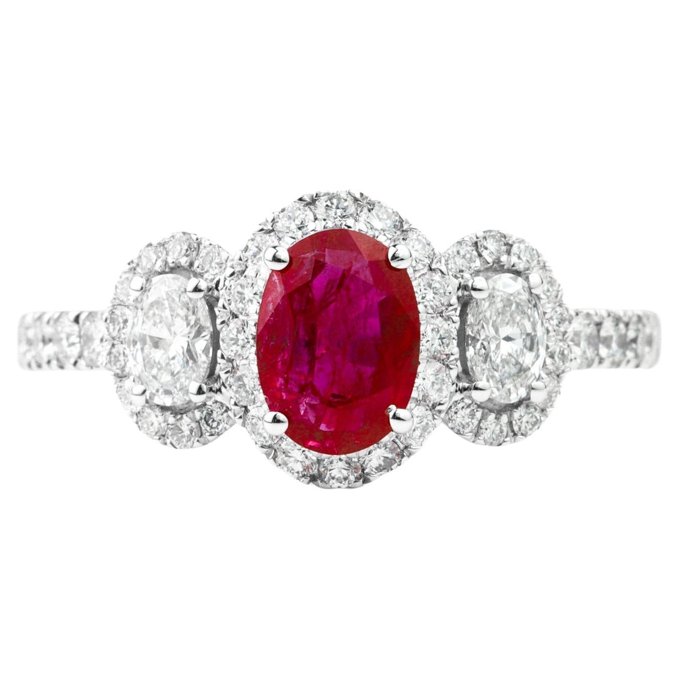 Oval Cut Red Ruby Diamond Three Stone Halo Engagement Ring in 18k White Gold For Sale