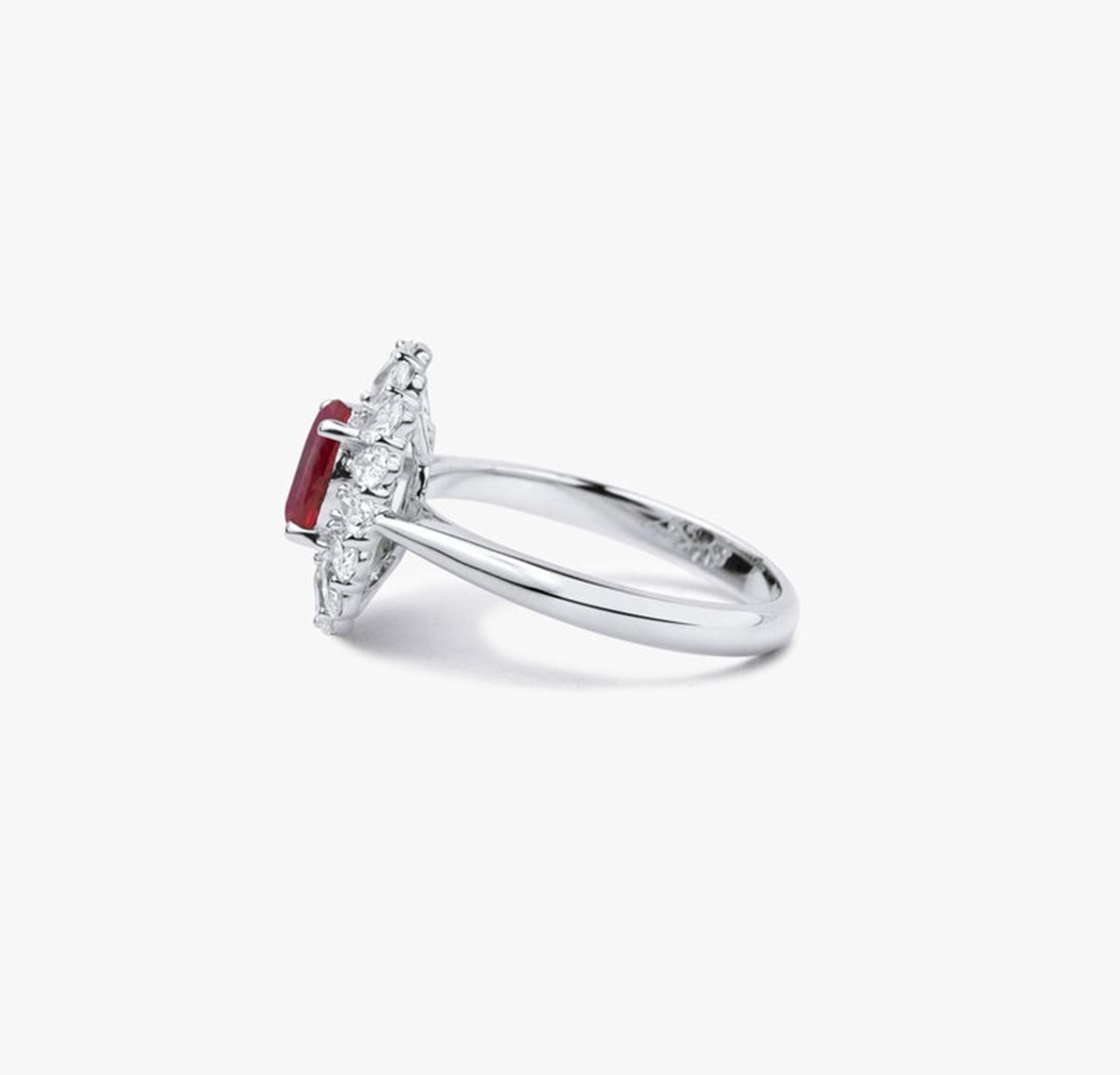 Women's Oval-Cut Red Ruby & Pear-Cut Diamond Halo Engagement Ring in 18K White Gold For Sale