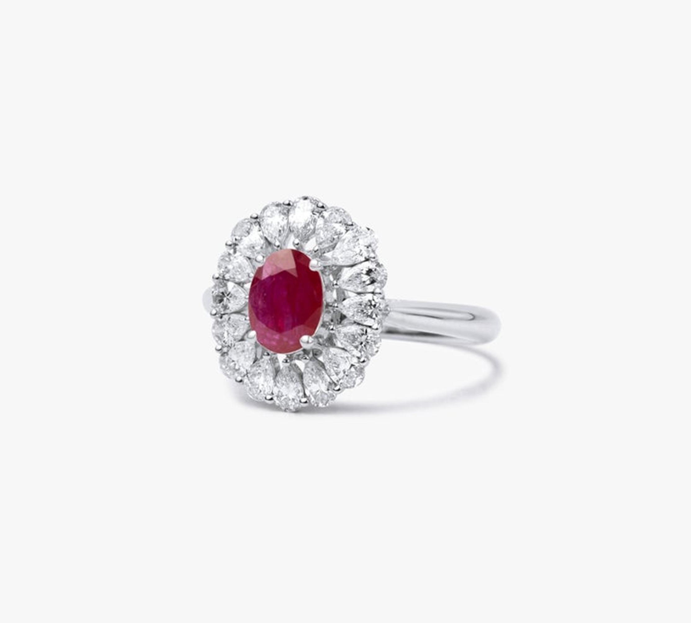 Oval-Cut Red Ruby & Pear-Cut Diamond Halo Engagement Ring in 18K White Gold For Sale 1