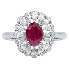 Oval-Cut Red Ruby & Pear-Cut Diamond Halo Engagement Ring in 18K White Gold