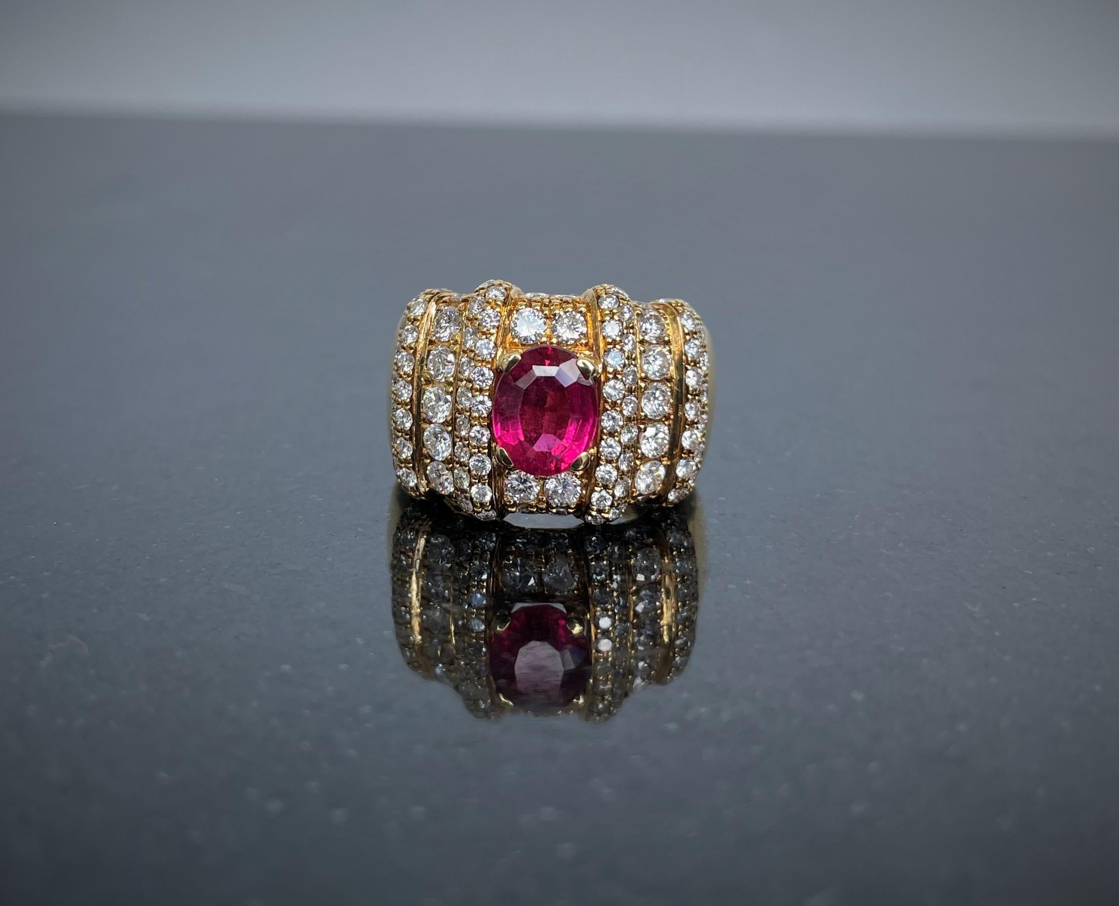 Contemporary Rosior Oval Cut Rubelite and Diamond Cocktail Ring set in Yellow Gold