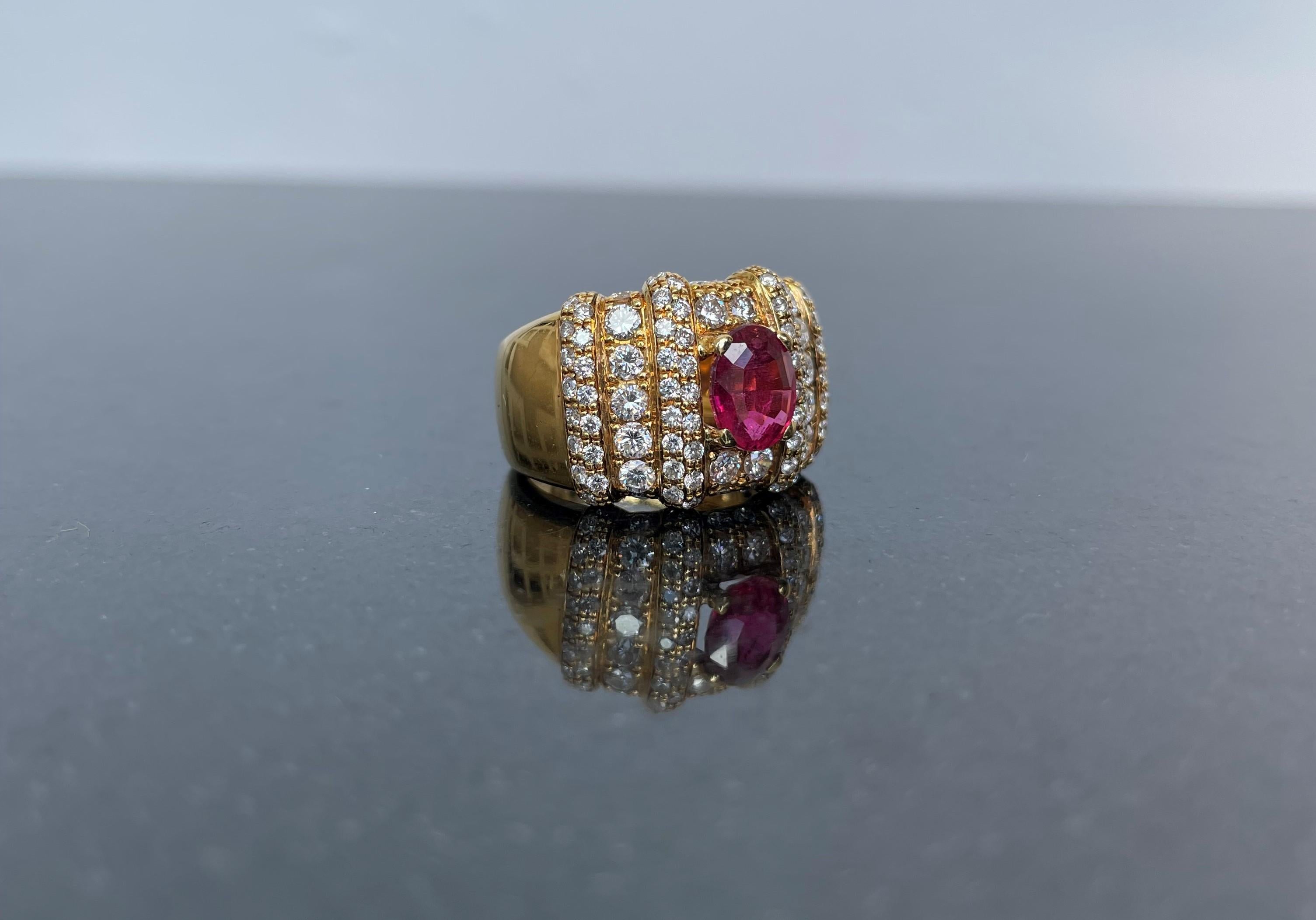 Rosior Oval Cut Rubelite and Diamond Cocktail Ring set in Yellow Gold 1