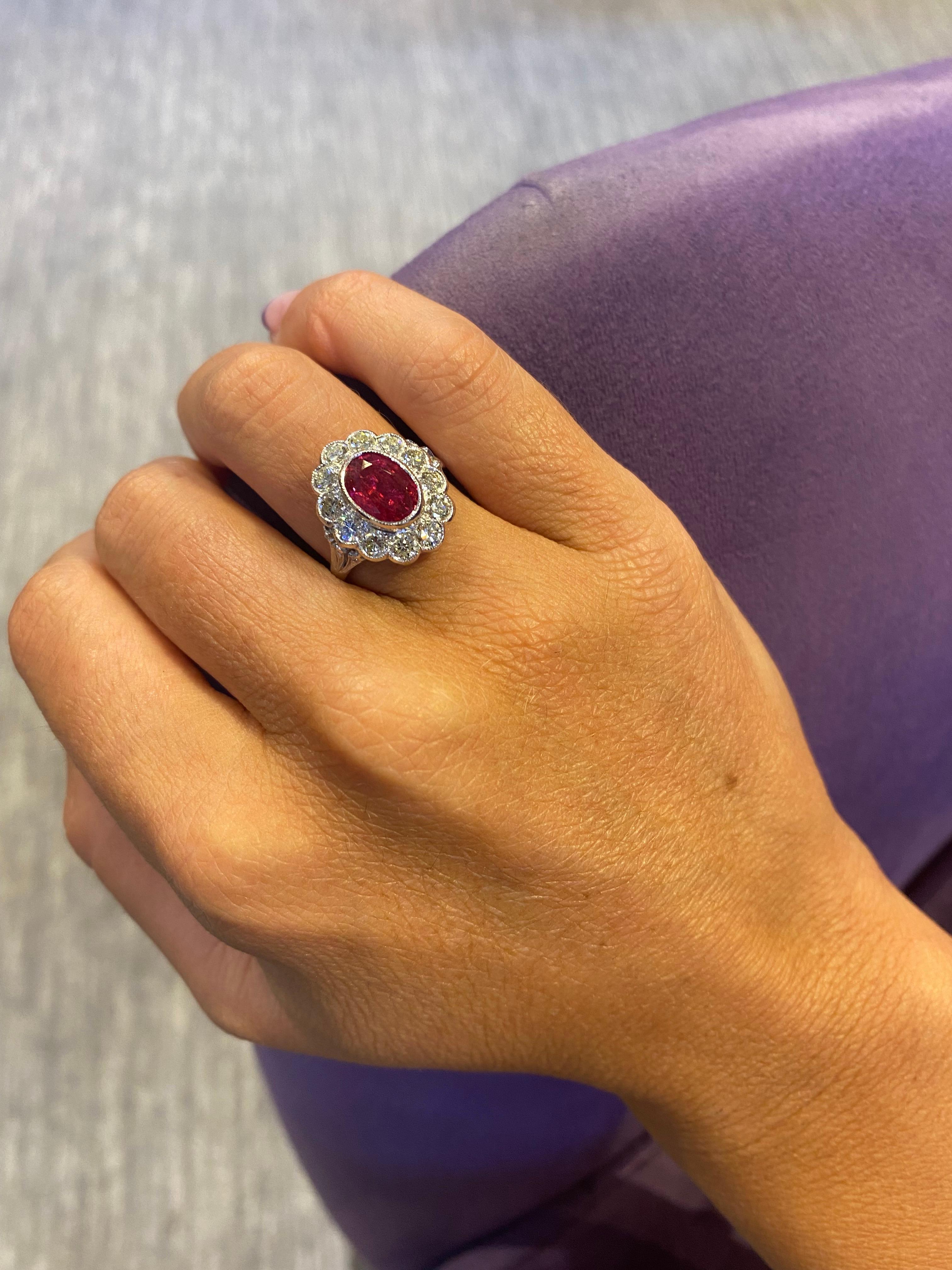 Oval Cut Rubellite & Diamond Flower Ring In Excellent Condition For Sale In New York, NY