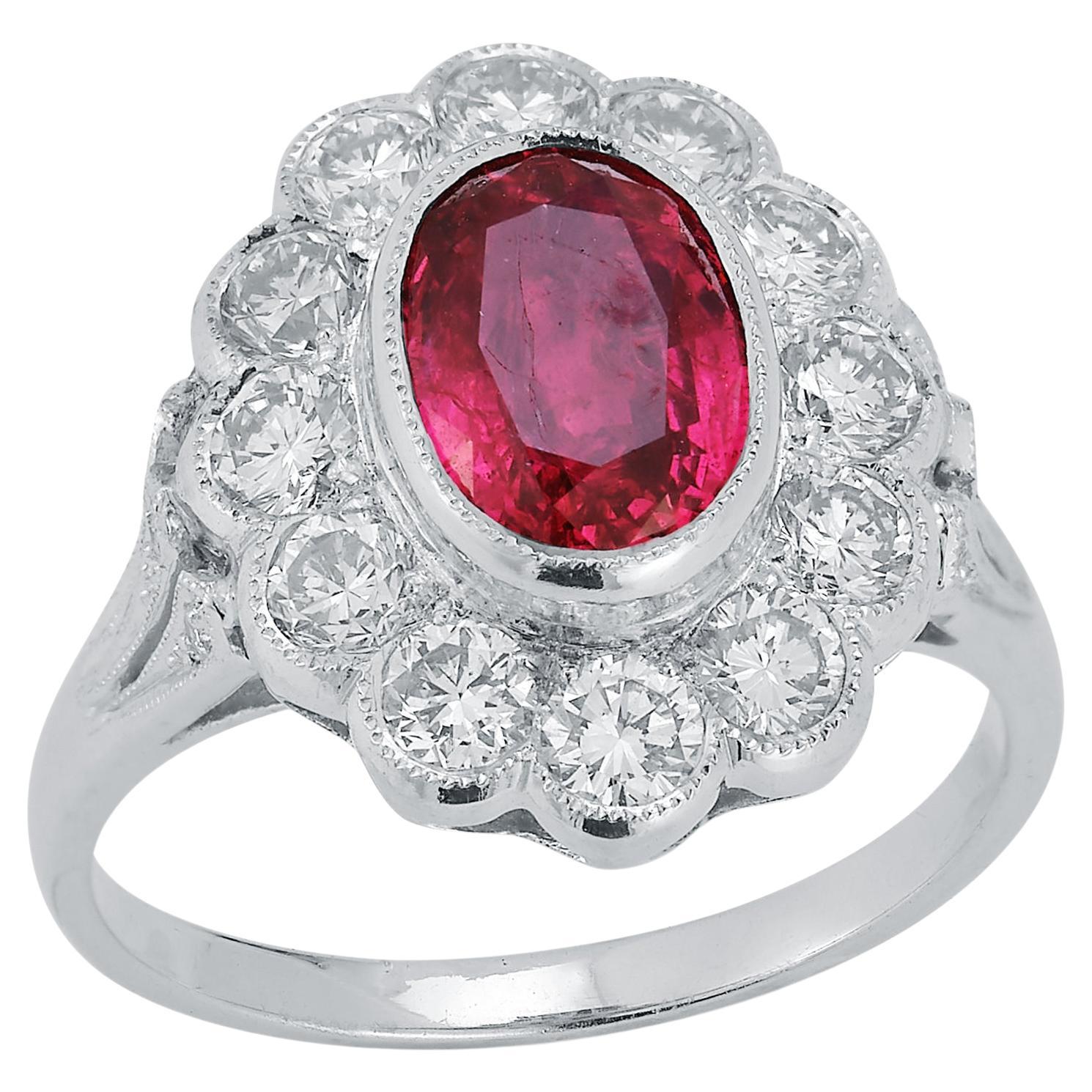 Oval Cut Rubellite & Diamond Flower Ring For Sale