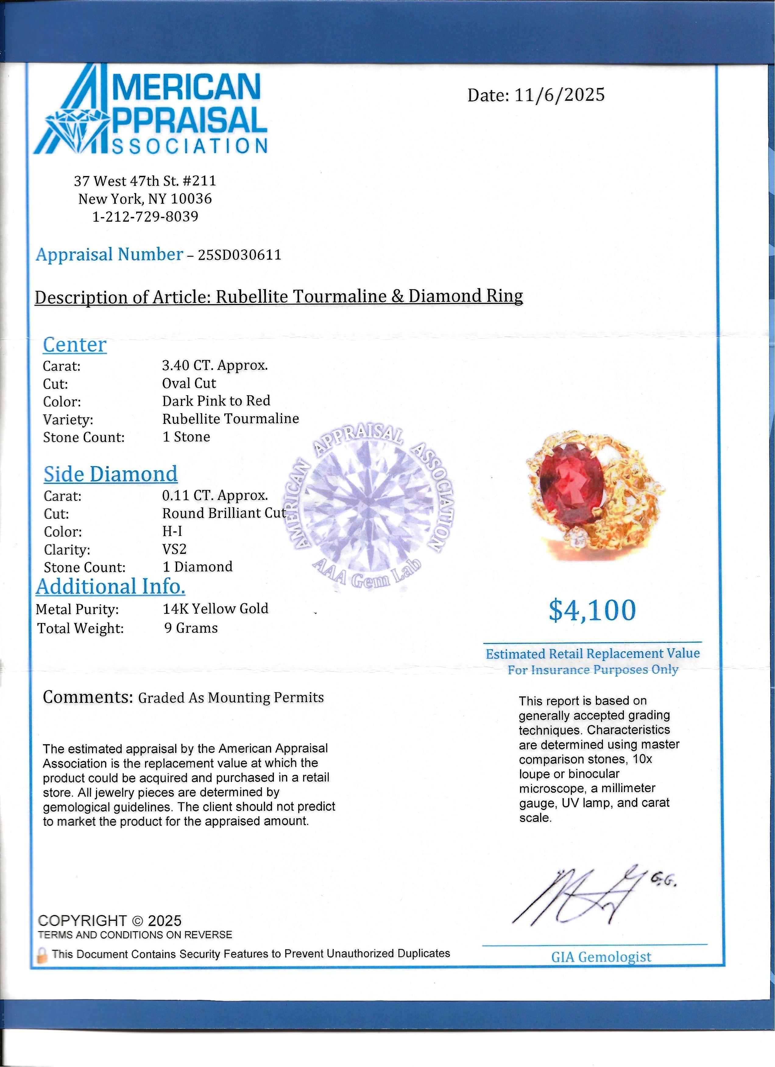 Ovaler Rubellit-Turmalin-Cocktailring mit Diamant aus 14 Karat Gelbgold im Angebot 7