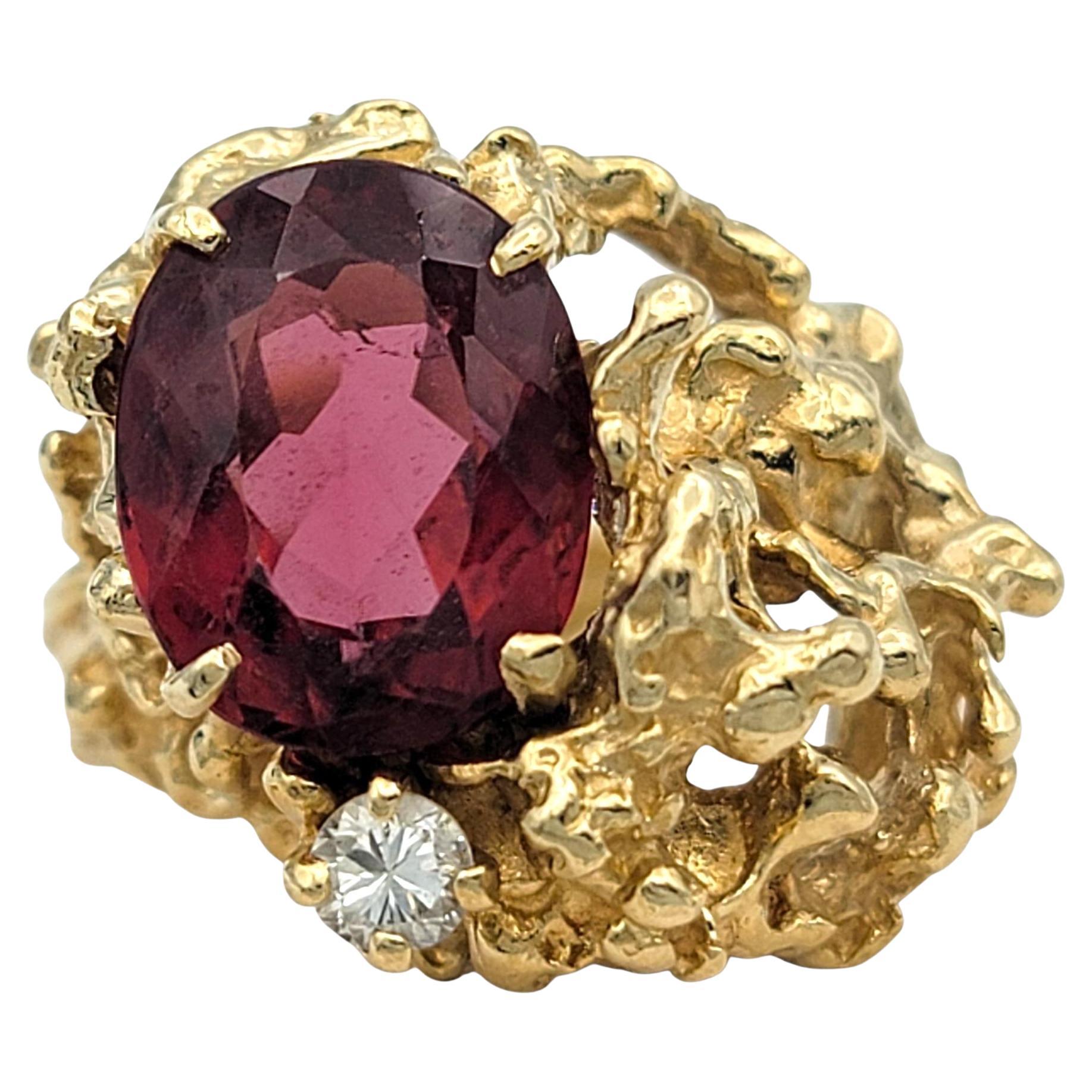Oval Cut Rubellite Tourmaline Cocktail Ring with Diamond in 14 Karat Yellow Gold