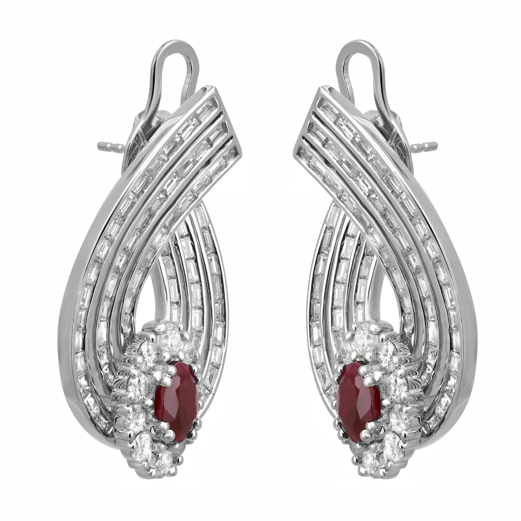 Oval Cut Ruby 1.95Ctw And Diamond 5.75Ctw Hoop Earrings 14K White Gold In New Condition For Sale In New York, NY